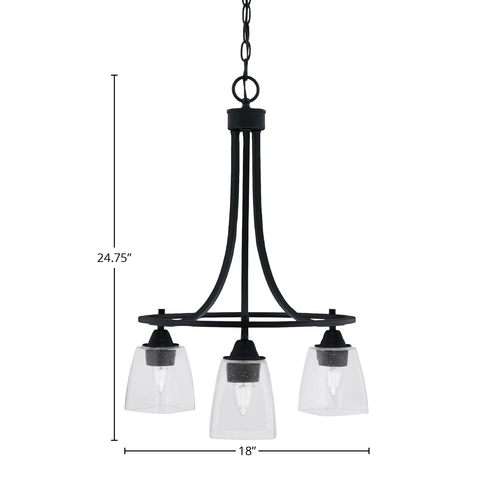 Paramount Three Light Chandelier in Matte Black with 4.5" Square Clear Bubble Shade