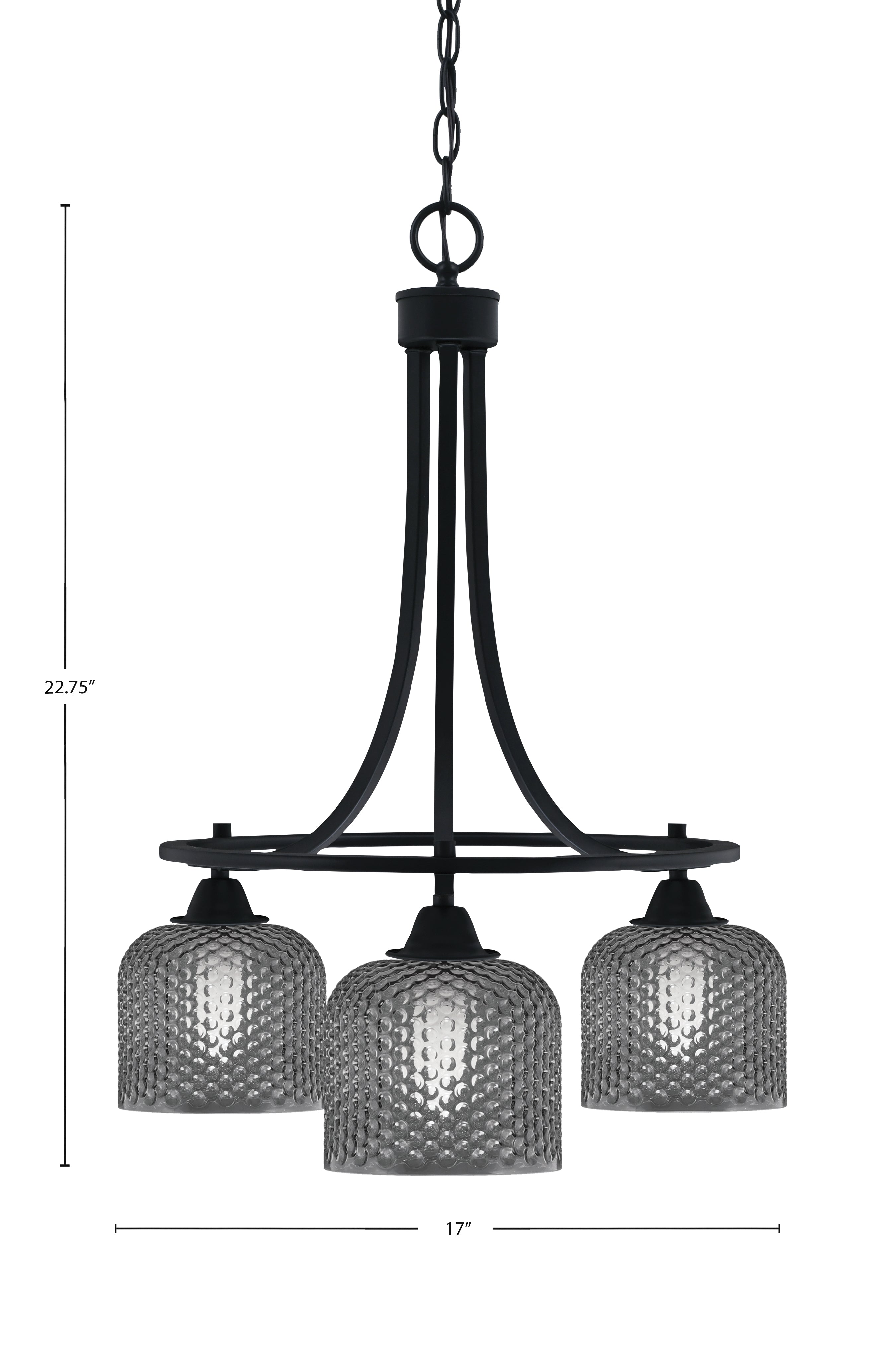 Paramount Three Light Chandelier in Matte Black with Smoke Textured Shade