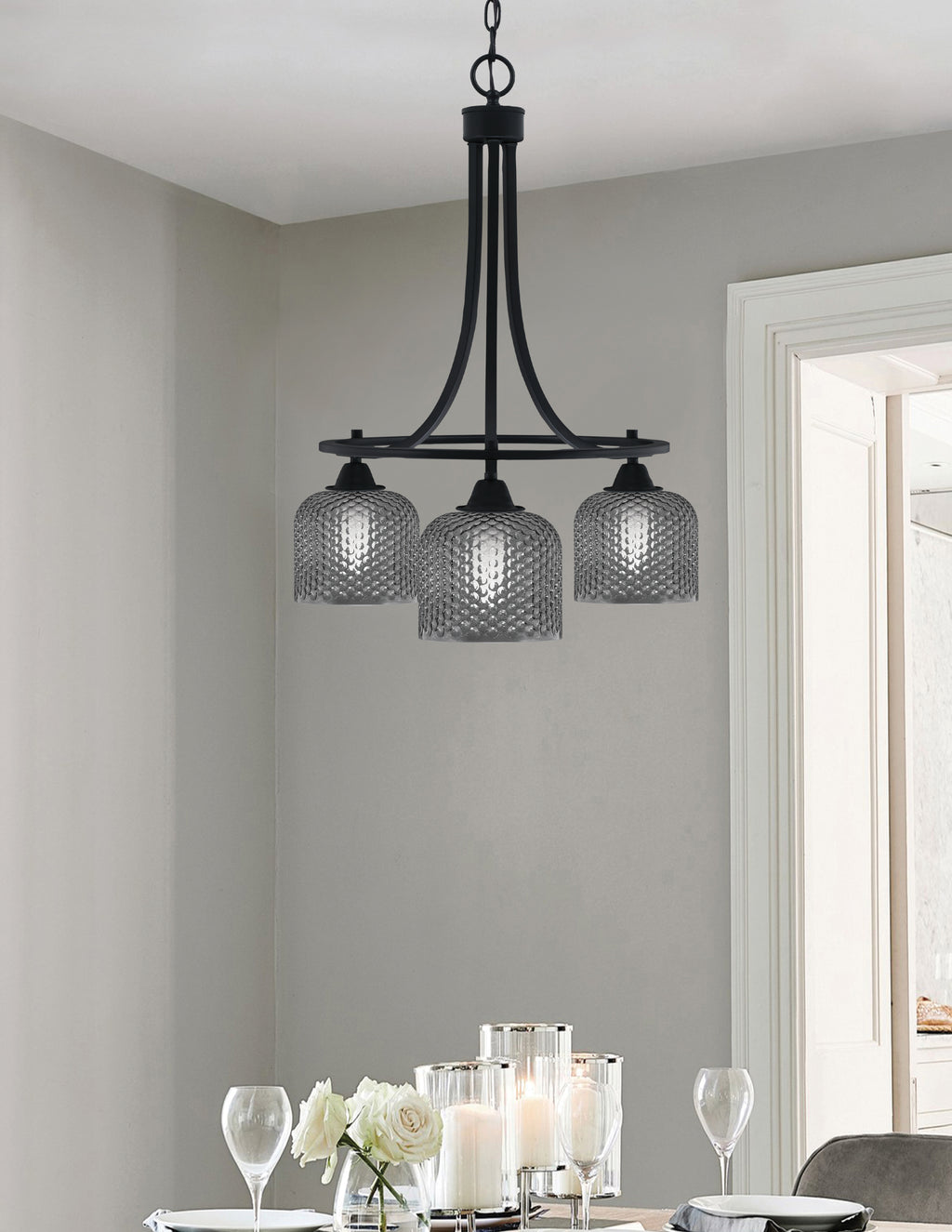 Paramount Three Light Chandelier in Matte Black with Smoke Textured Shade