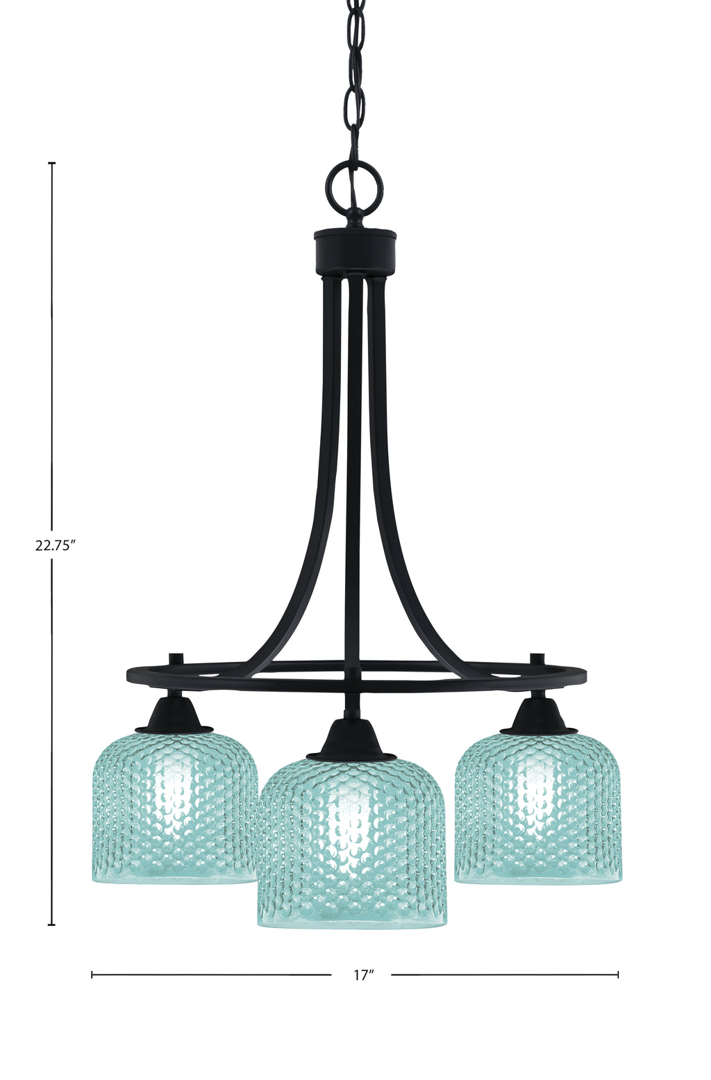 Paramount Three Light Chandelier in Matte Black with Turquoise Textured Shade