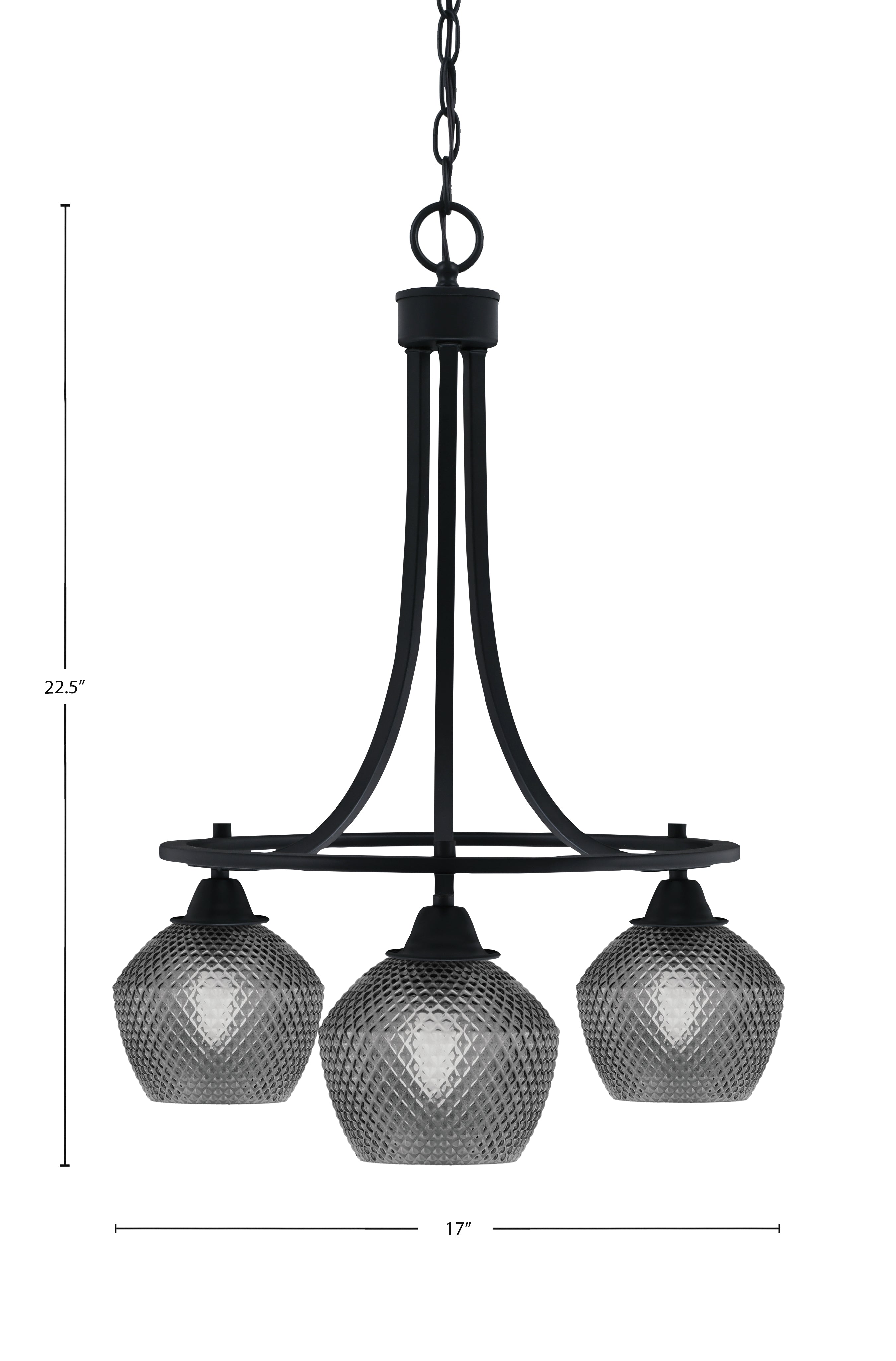 Paramount Three Light Chandelier in Matte Black with Smoke Textured Shade
