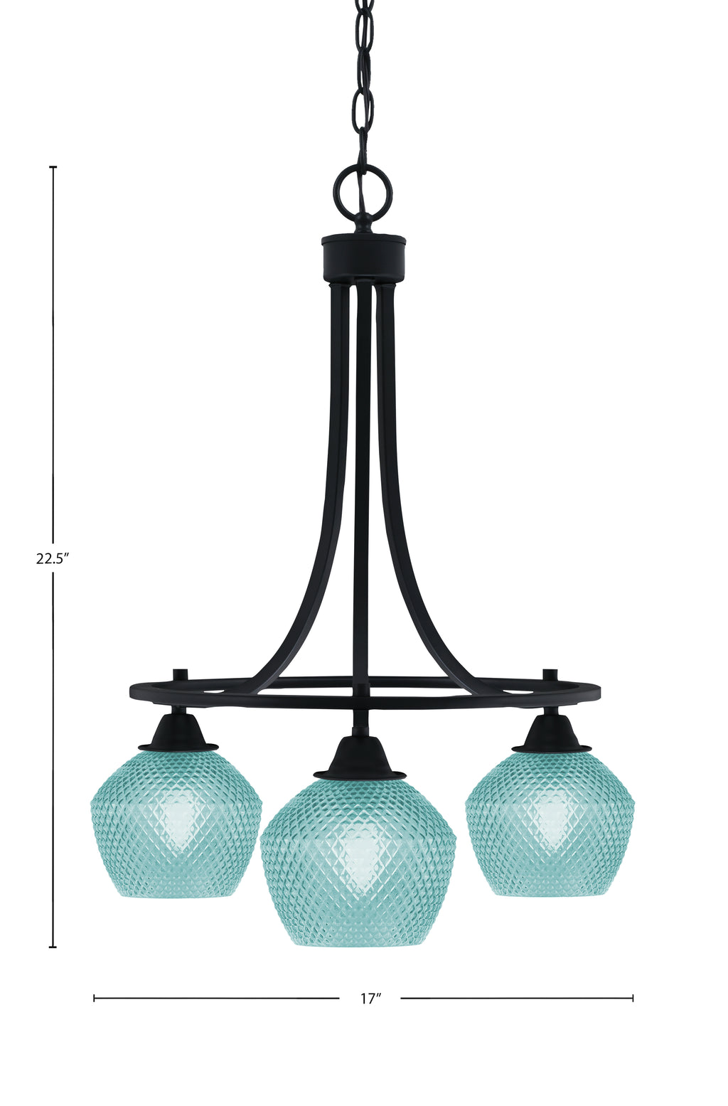 Paramount Three Light Chandelier in Matte Black with Turquoise Textured Shade