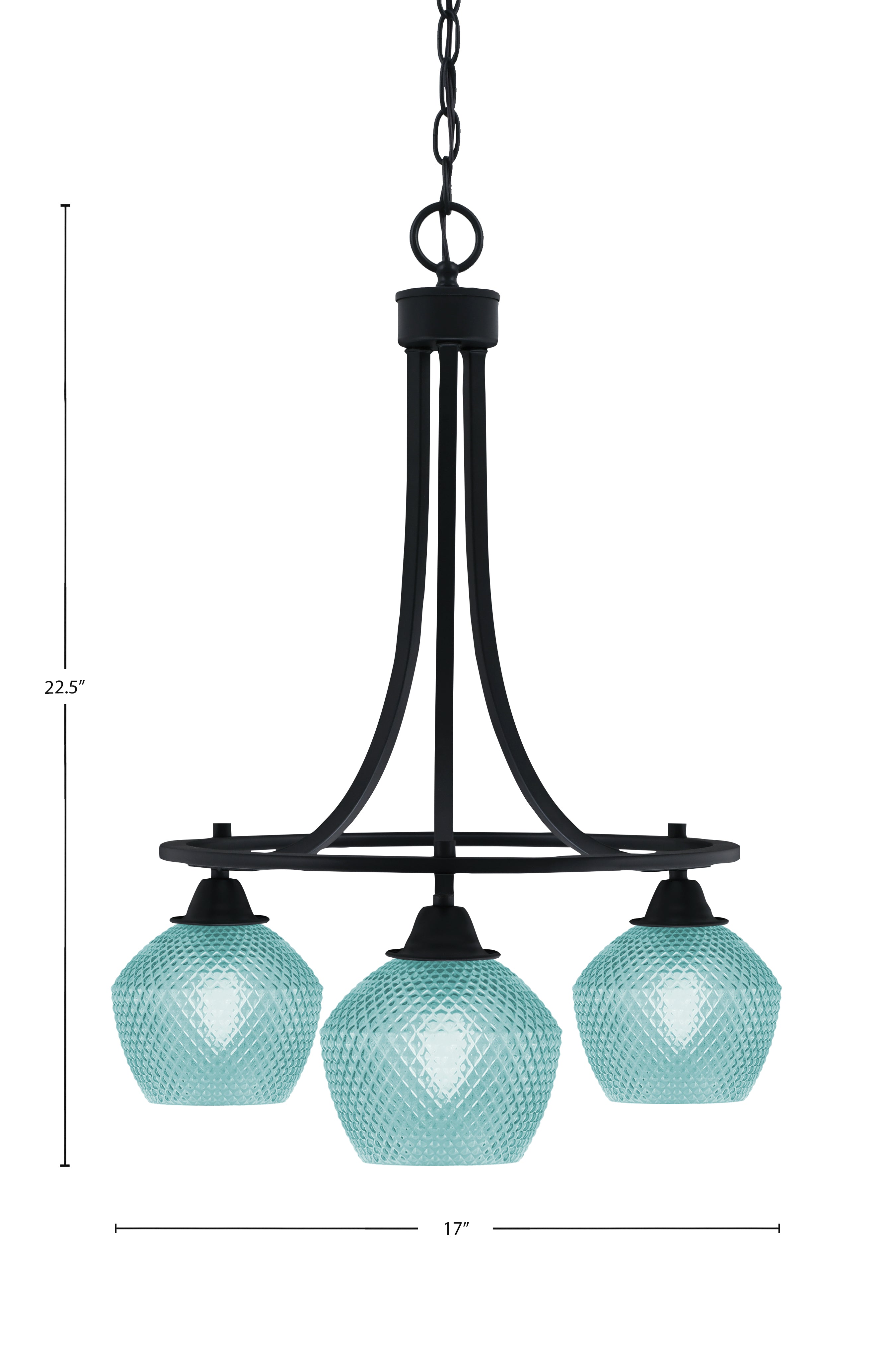 Paramount Three Light Chandelier in Matte Black with Turquoise Textured Shade