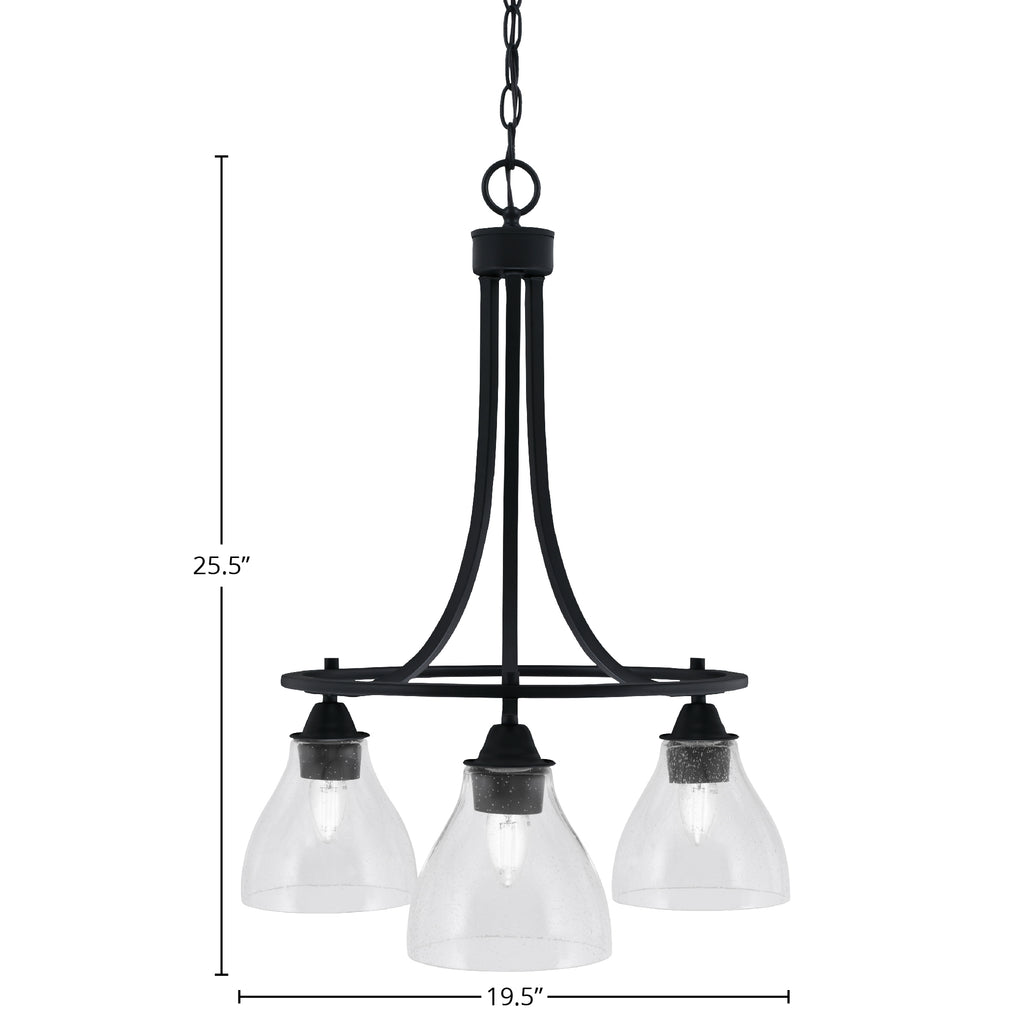 Paramount Three Light Chandelier in Matte Black with 6.25" Clear Bubble Shade