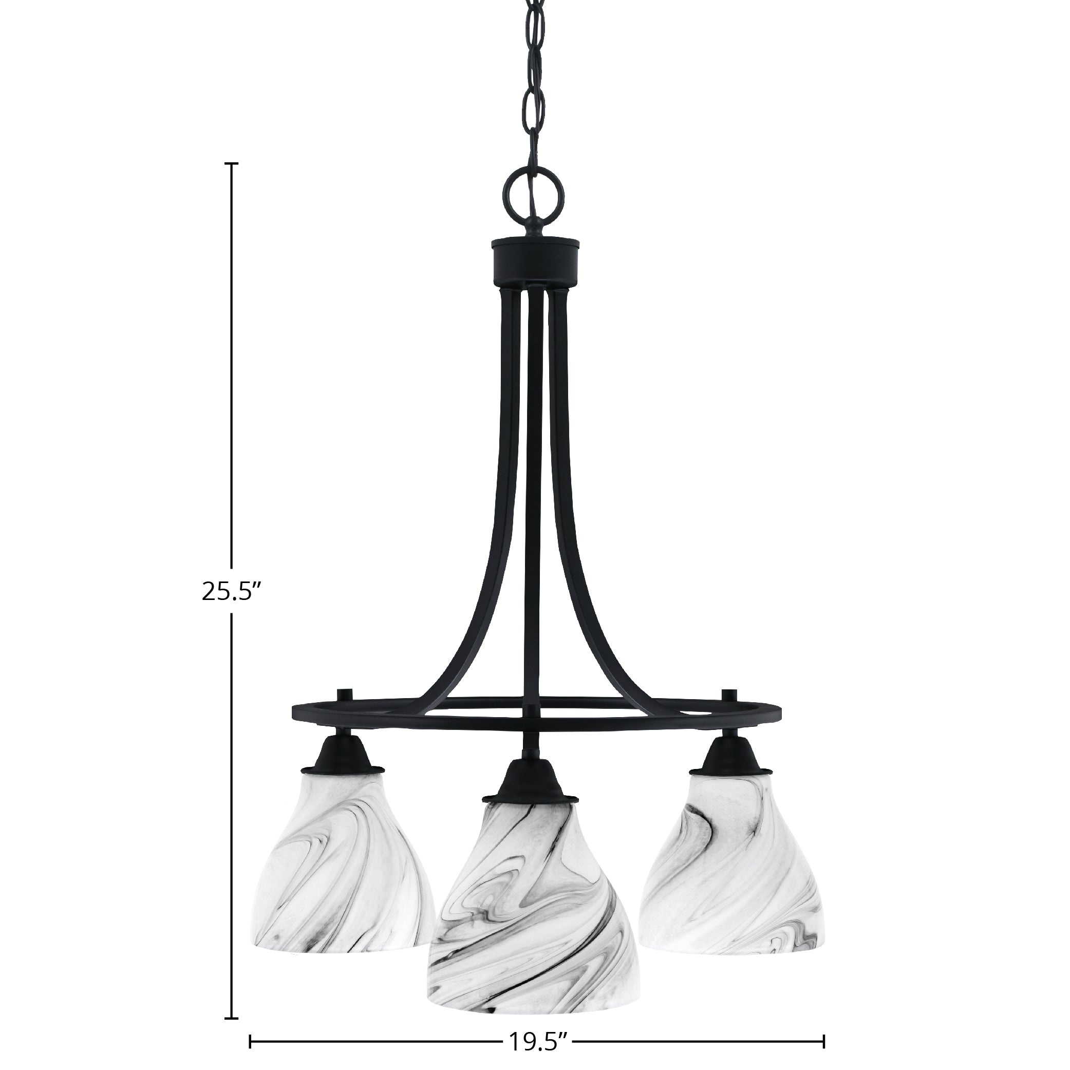 Paramount Three Light Chandelier in Matte Black with 6.25" Onyx Swirl Shade