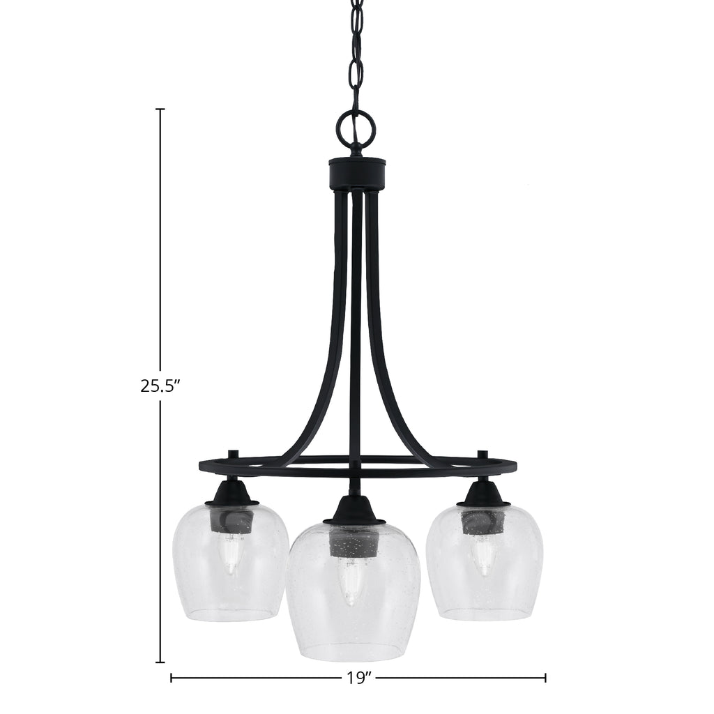 Paramount Three Light Chandelier in Matte Black with 6" Clear Bubble Shade