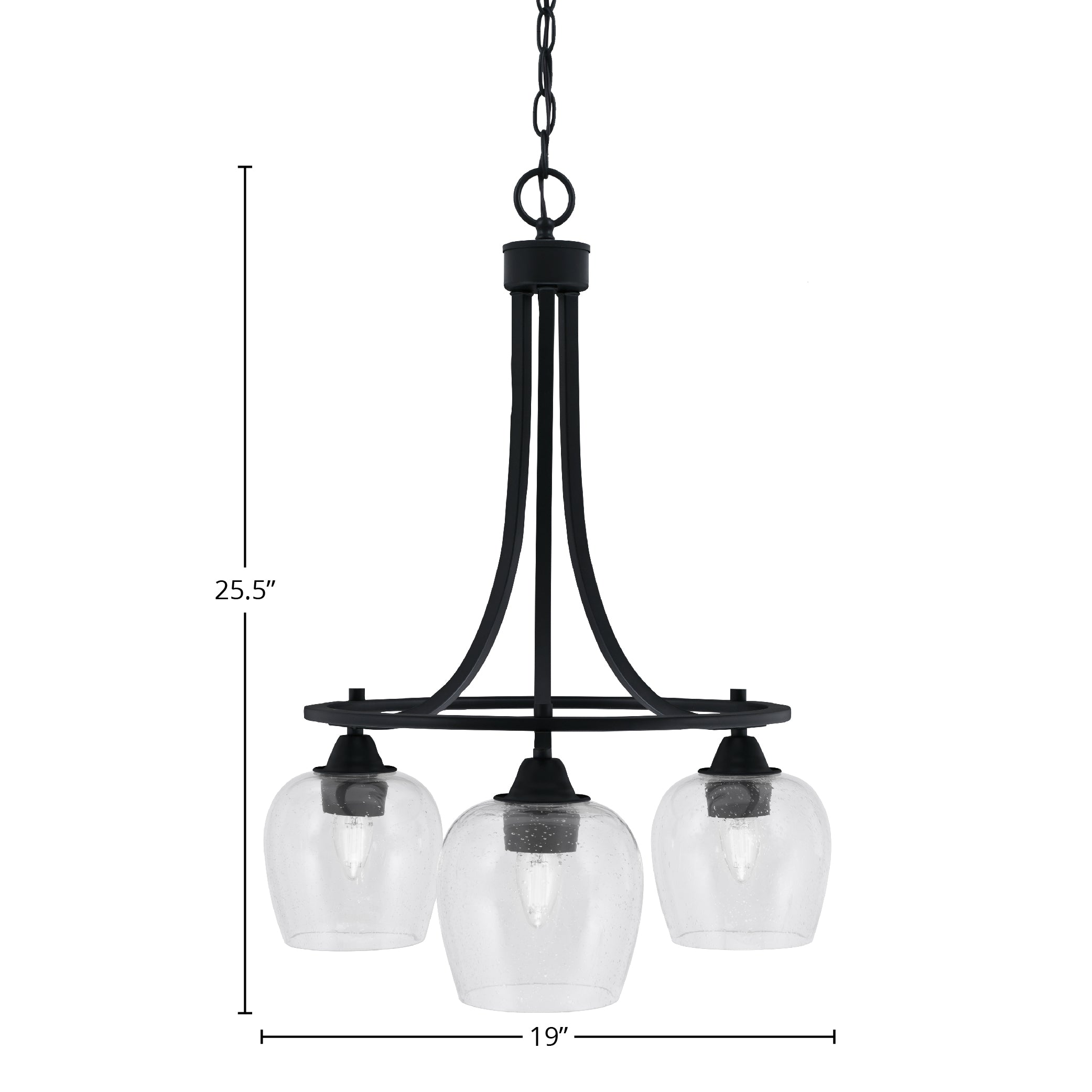 Paramount Three Light Chandelier in Matte Black with 6" Clear Bubble Shade