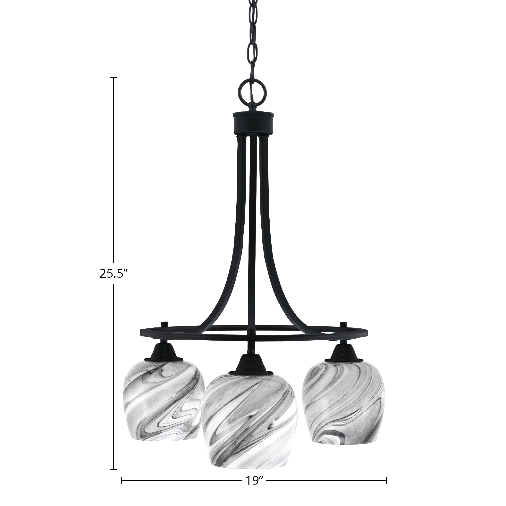 Paramount Three Light Chandelier in Matte Black with 6" Onyx Swirl Shade
