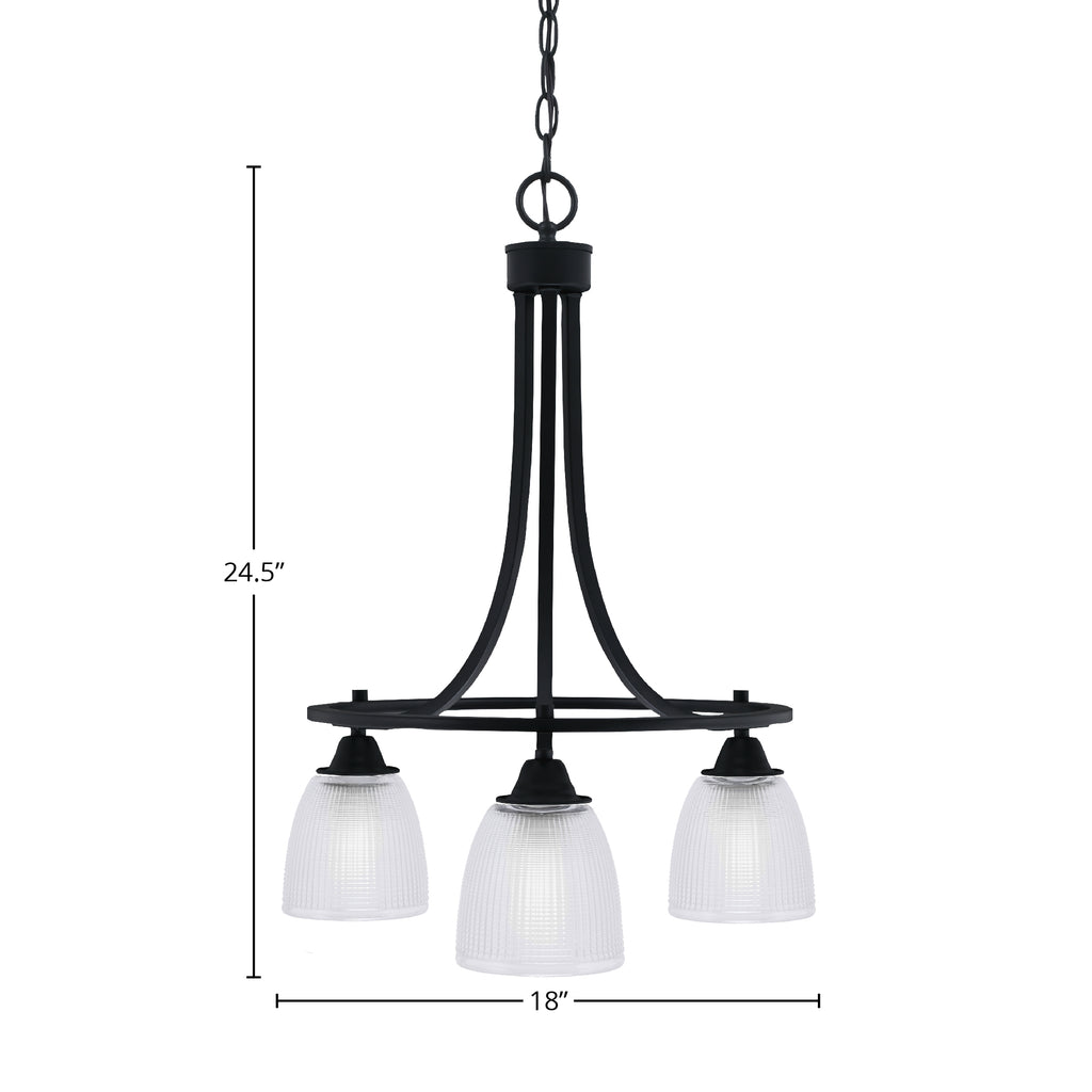 Paramount Three Light Chandelier in Matte Black with 5" Clear Ribbed Shade