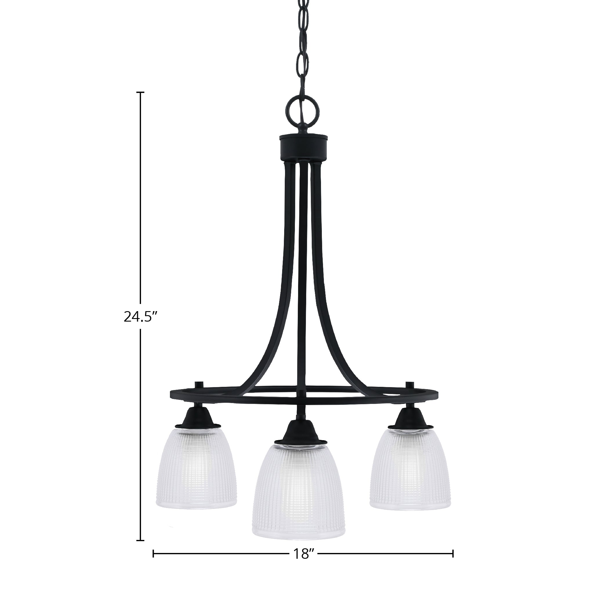 Paramount Three Light Chandelier in Matte Black with 5" Clear Ribbed Shade