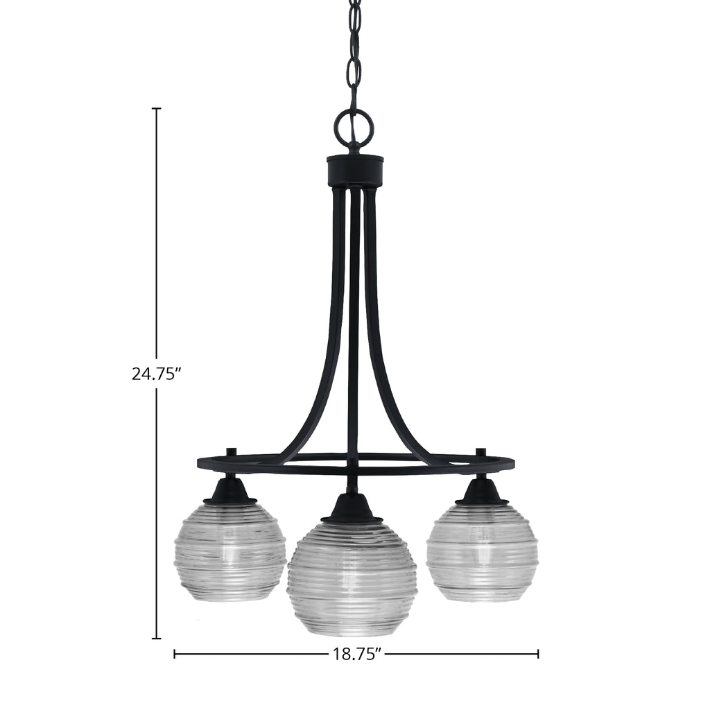 Paramount Three Light Chandelier in Matte Black with 6" Clear Ribbed Shade