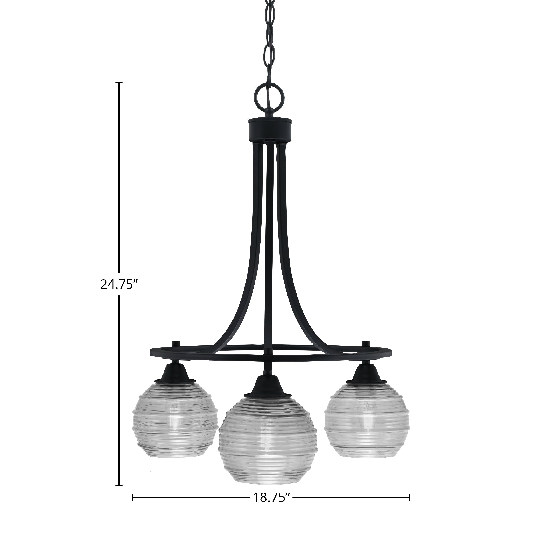 Paramount Three Light Chandelier in Matte Black with 6" Clear Ribbed Shade