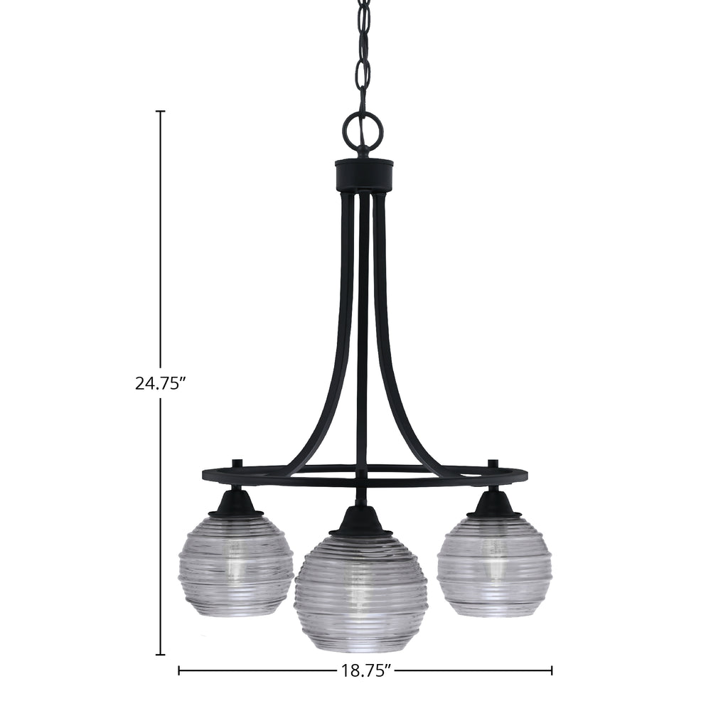 Paramount Three Light Chandelier in Matte Black with 6" Smoke Ribbed Shade