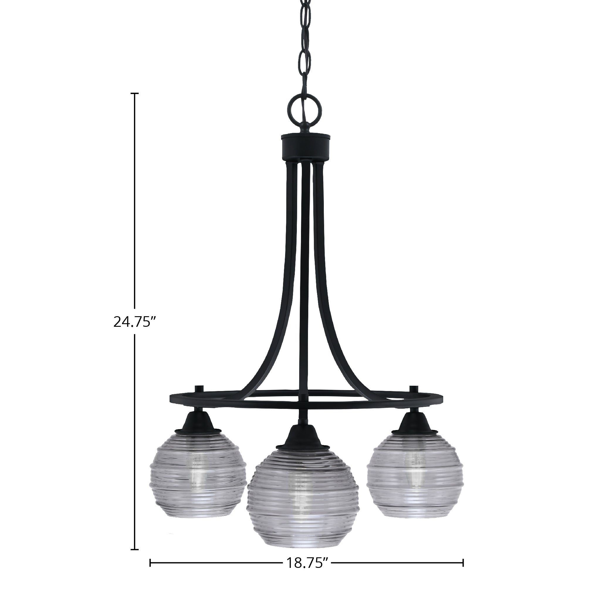 Paramount Three Light Chandelier in Matte Black with 6" Smoke Ribbed Shade
