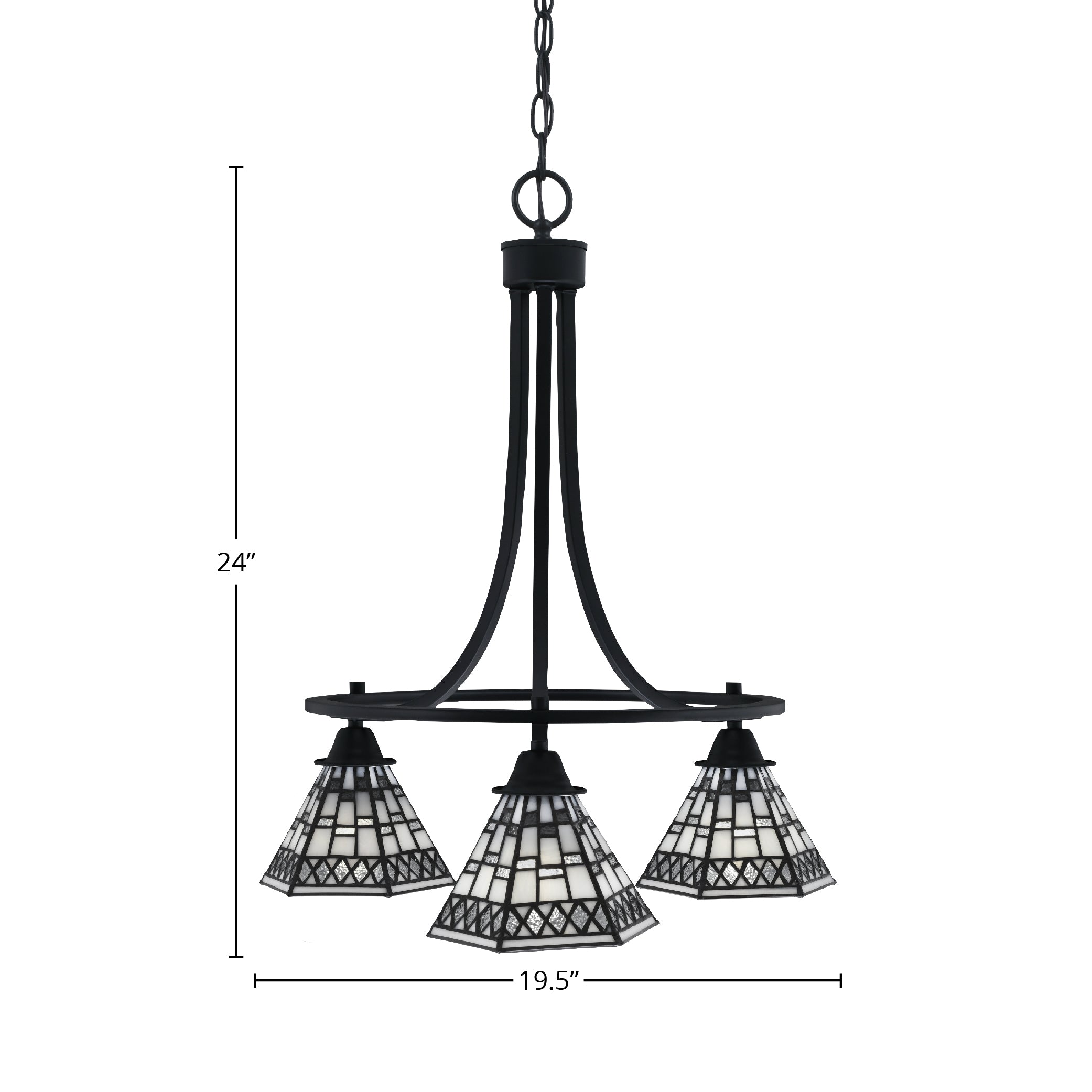 Paramount Three Light Chandelier in Matte Black with 7" Pewter Art Glass Shade