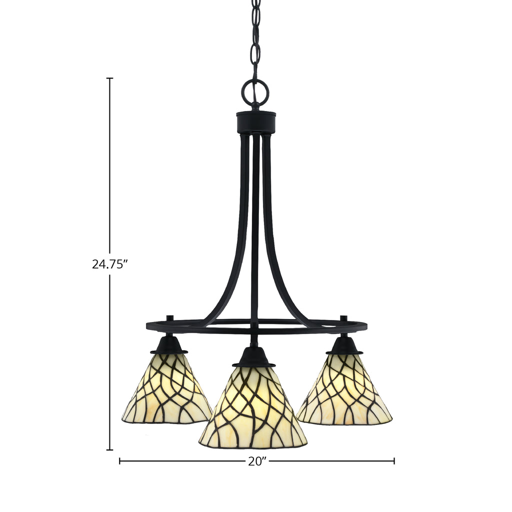 Paramount Three Light Chandelier in Matte Black with 7" Sandhill Art Glass Shade