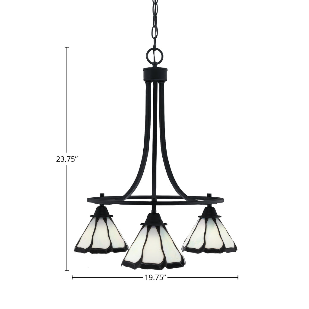 Paramount Three Light Chandelier in Matte Black with 7" Pearl & Black Flair Art Glass Shade