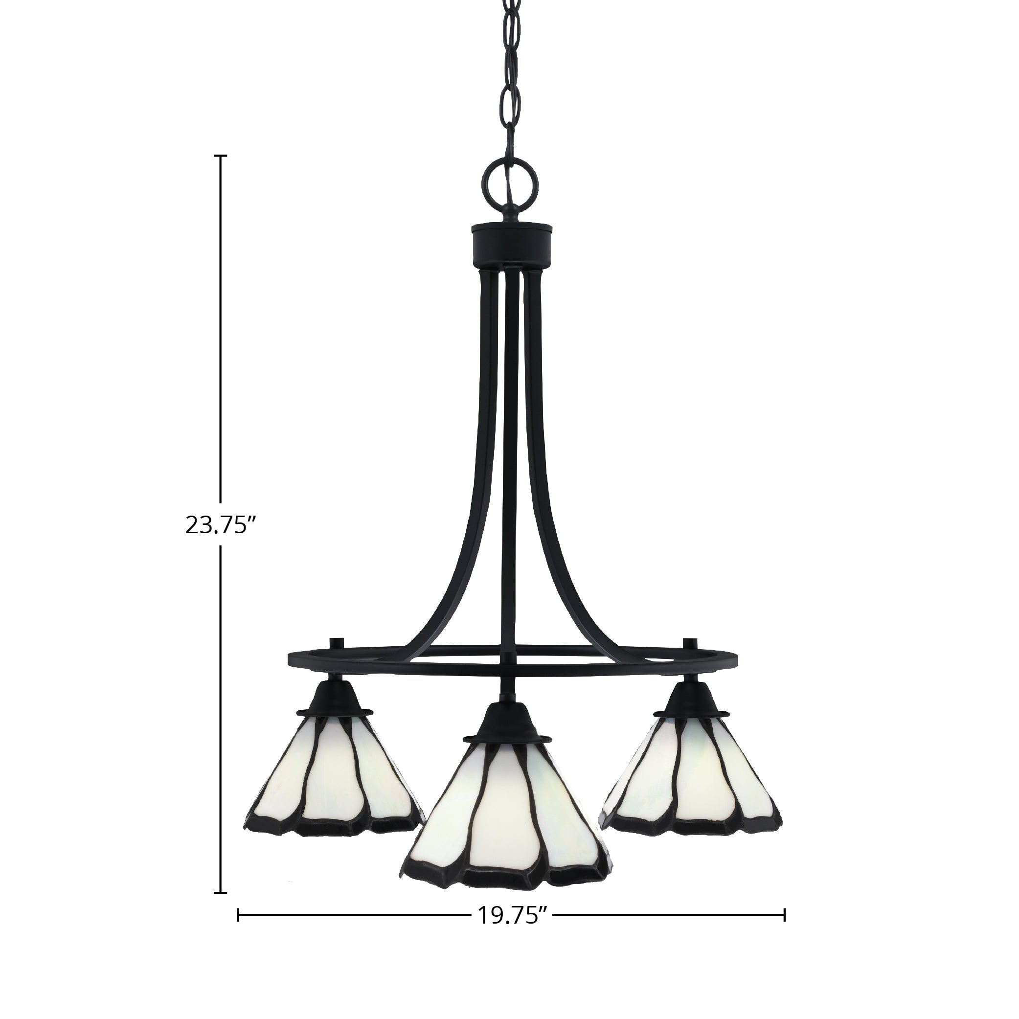 Paramount Three Light Chandelier in Matte Black with 7" Pearl & Black Flair Art Glass Shade