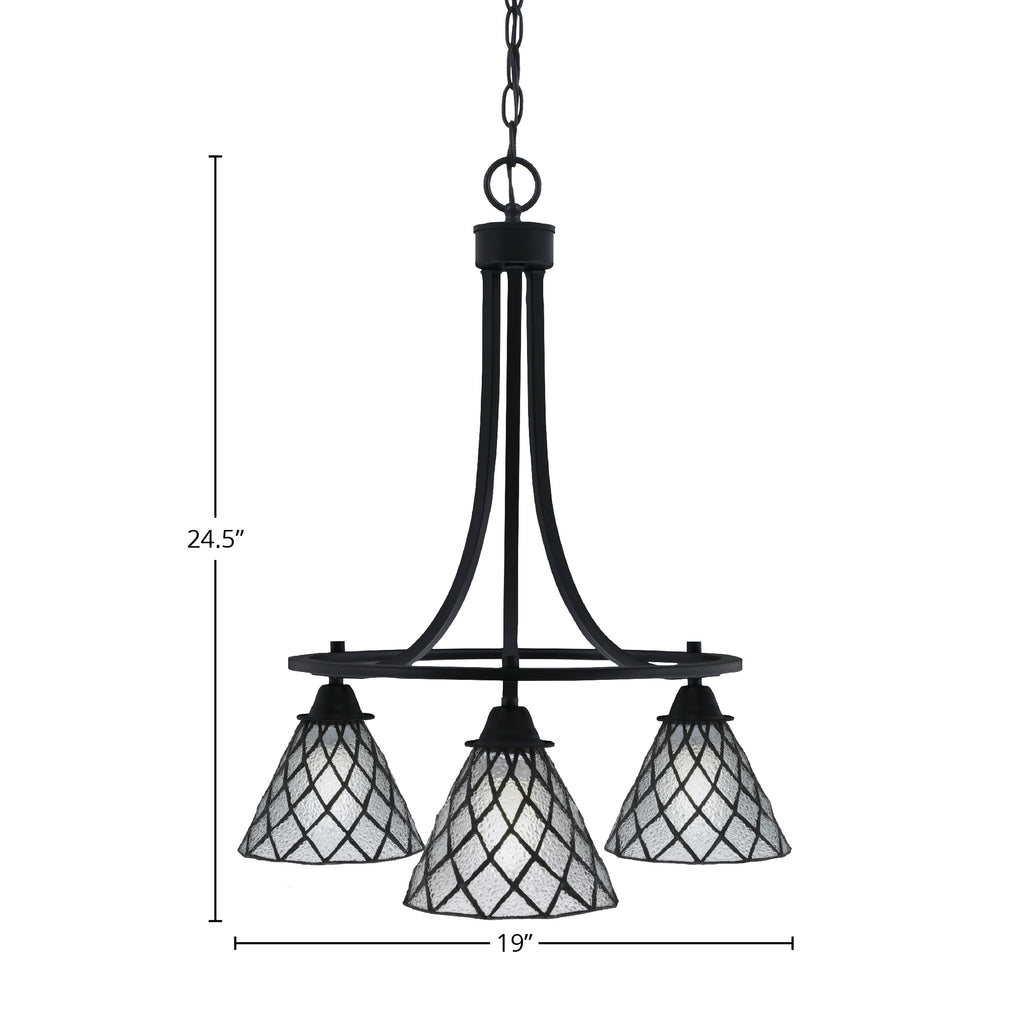 Paramount Three Light Chandelier in Matte Black with 7" Diamond Ice Art Glass Shade
