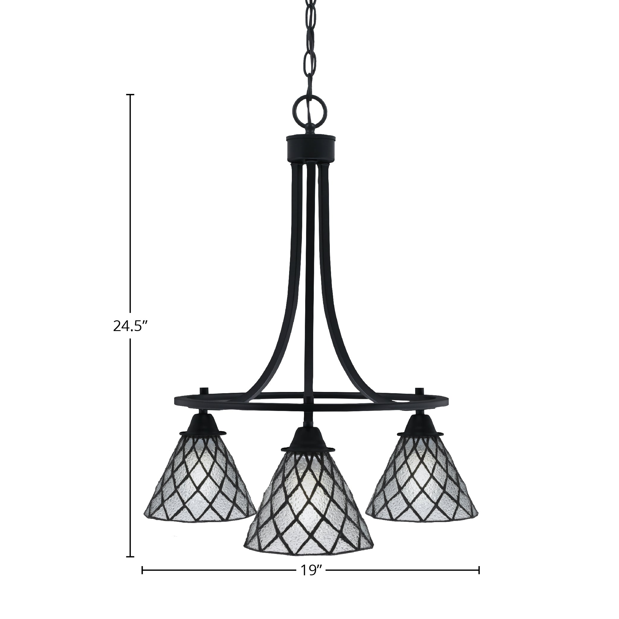Paramount Three Light Chandelier in Matte Black with 7" Diamond Ice Art Glass Shade