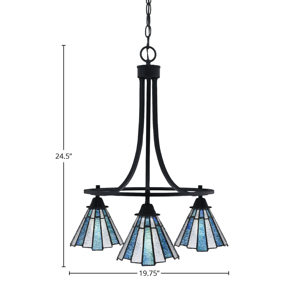 Paramount Three Light Chandelier in Matte Black with 7" Sea Ice Art Glass Shade