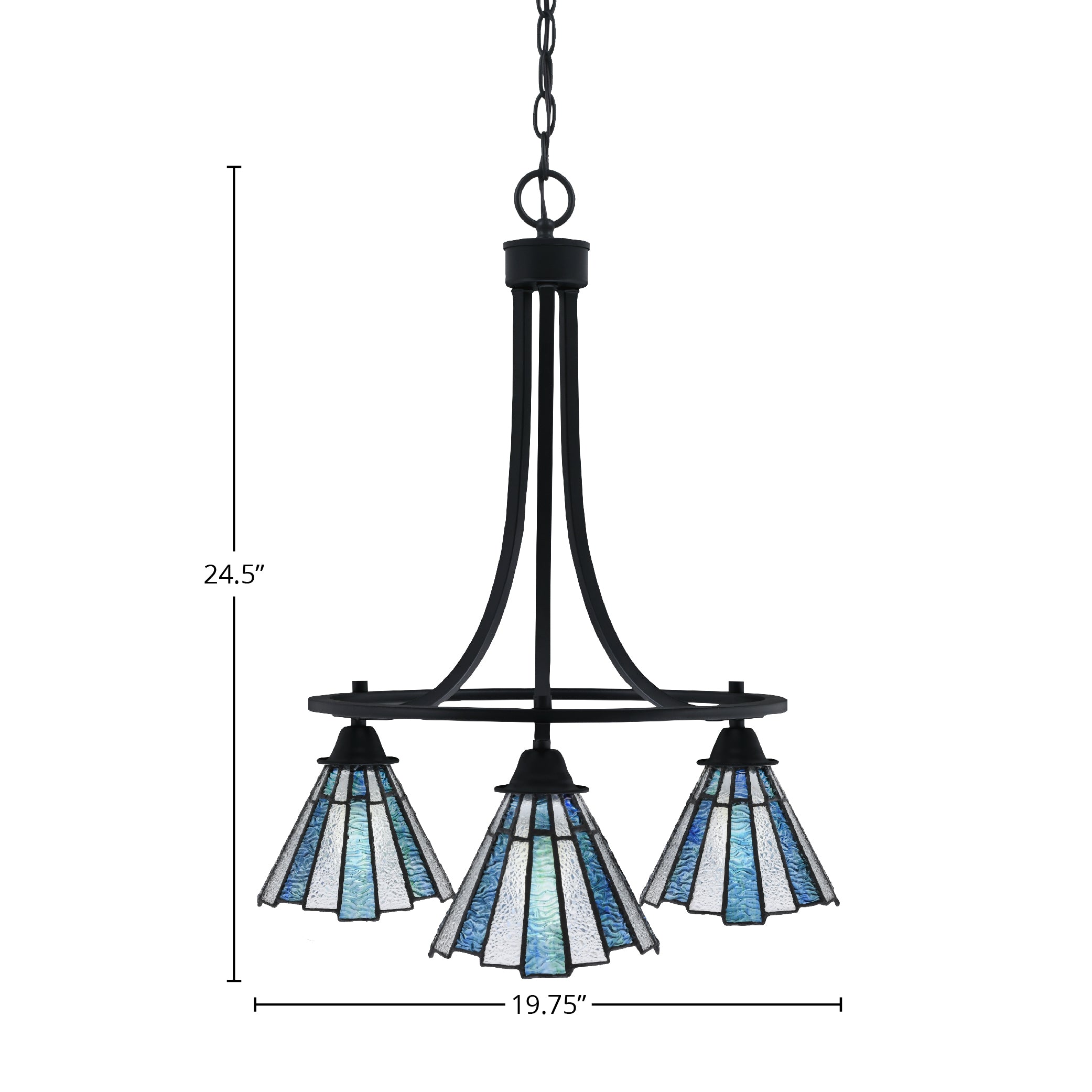 Paramount Three Light Chandelier in Matte Black with 7" Sea Ice Art Glass Shade