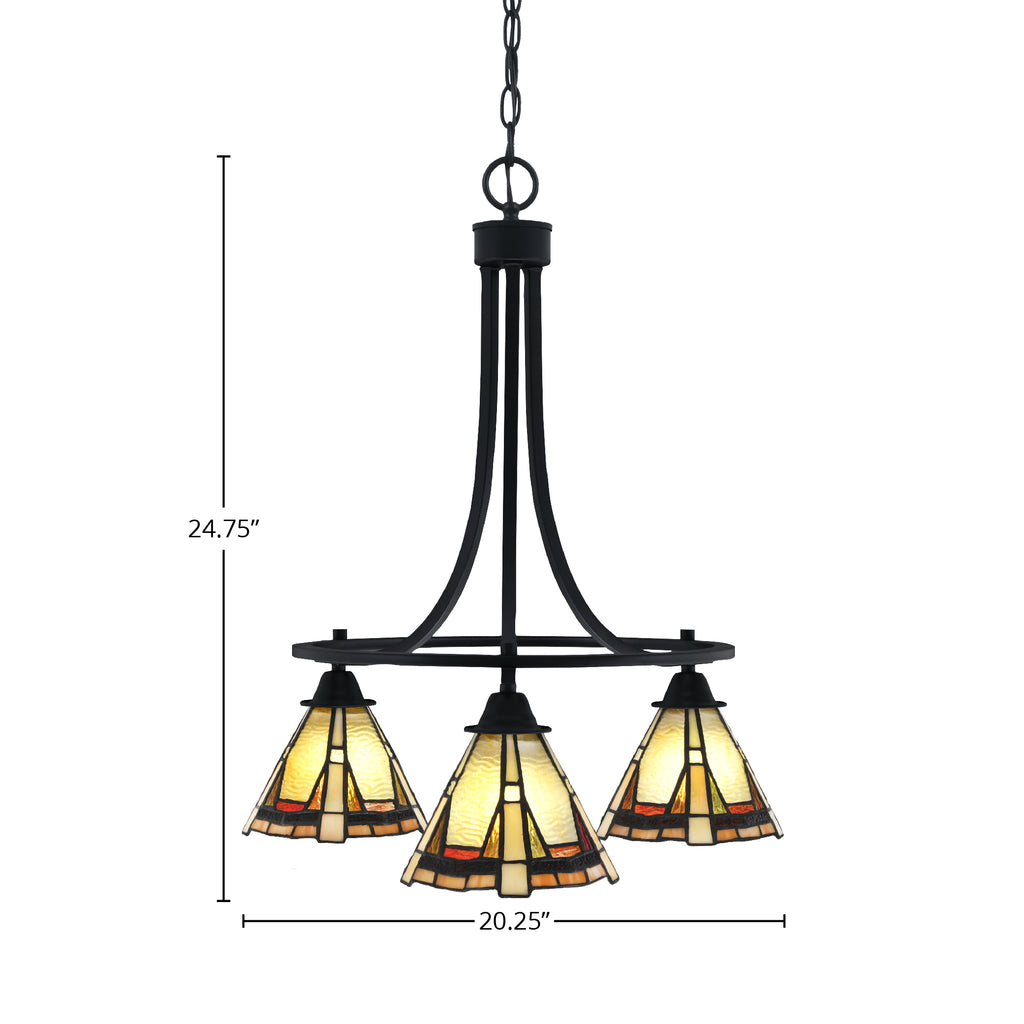Paramount Three Light Chandelier in Matte Black with 7" Zion Art Glass Shade