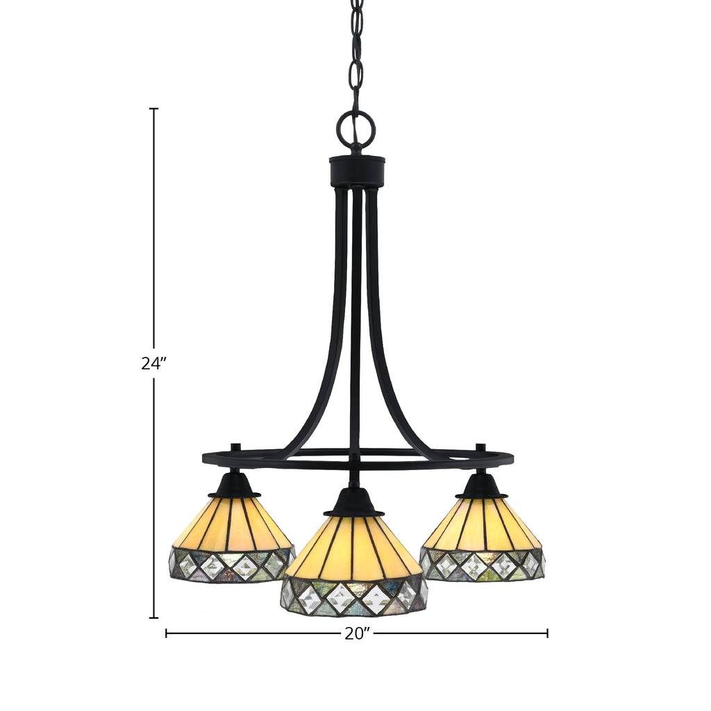 Paramount Three Light Chandelier in Matte Black with 7" Diamond Peak Art Glass Shade