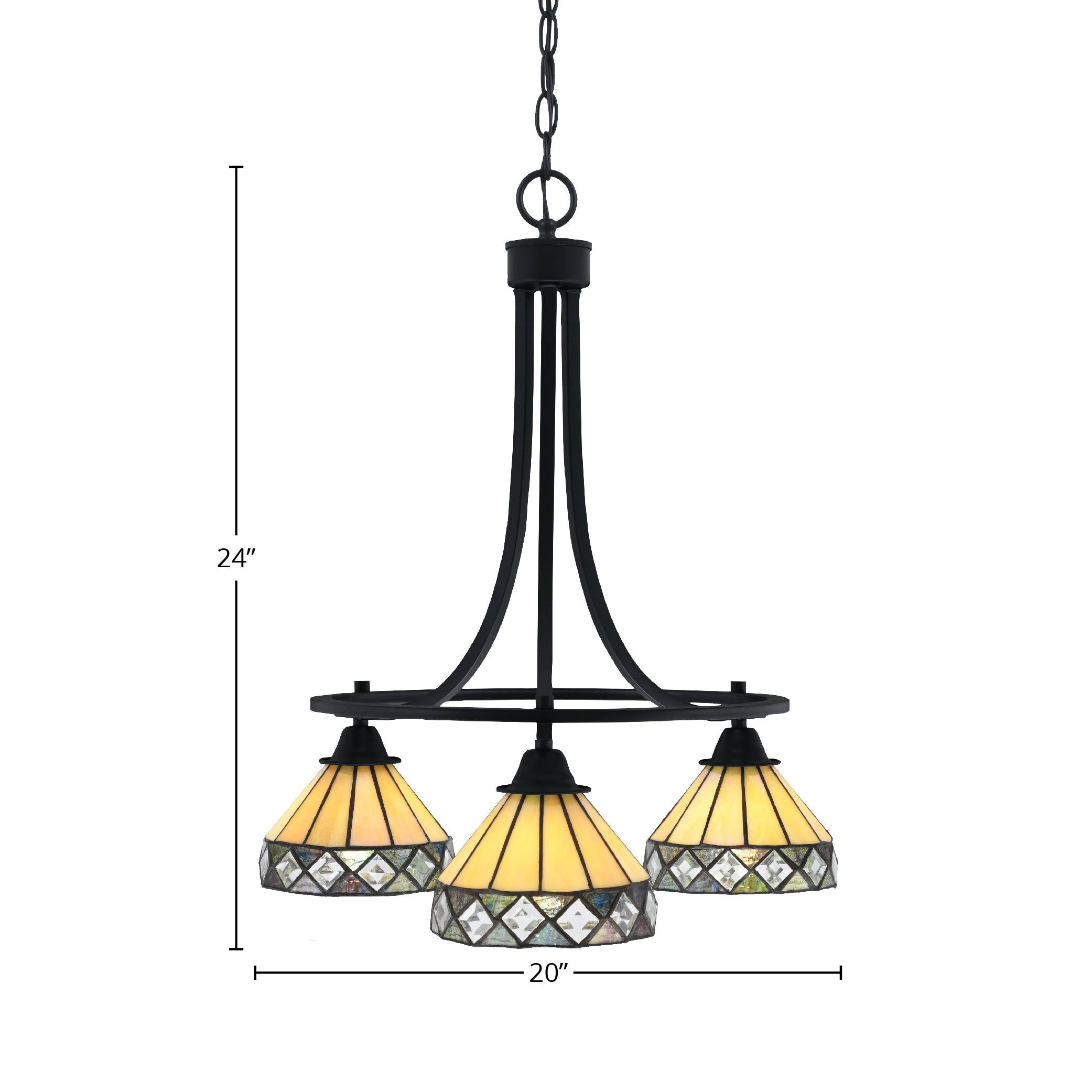 Paramount Three Light Chandelier in Matte Black with 7" Diamond Peak Art Glass Shade