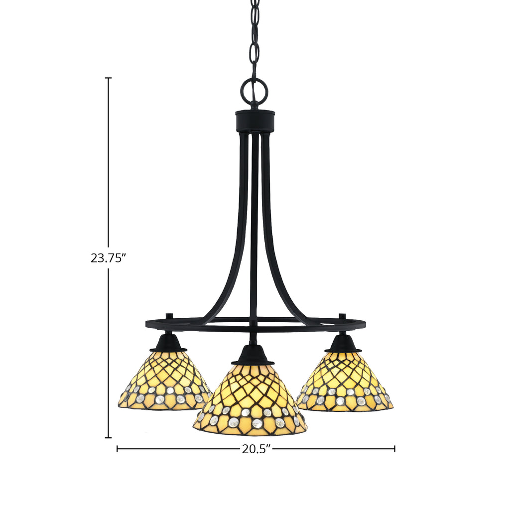 Paramount Three Light Chandelier in Matte Black with 7" Starlight Art Glass Shade