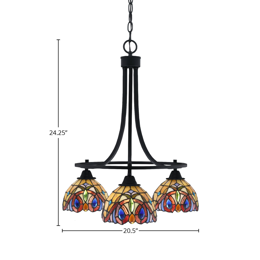 Paramount Three Light Chandelier in Matte Black with 7" Lynx Art Glass Shade
