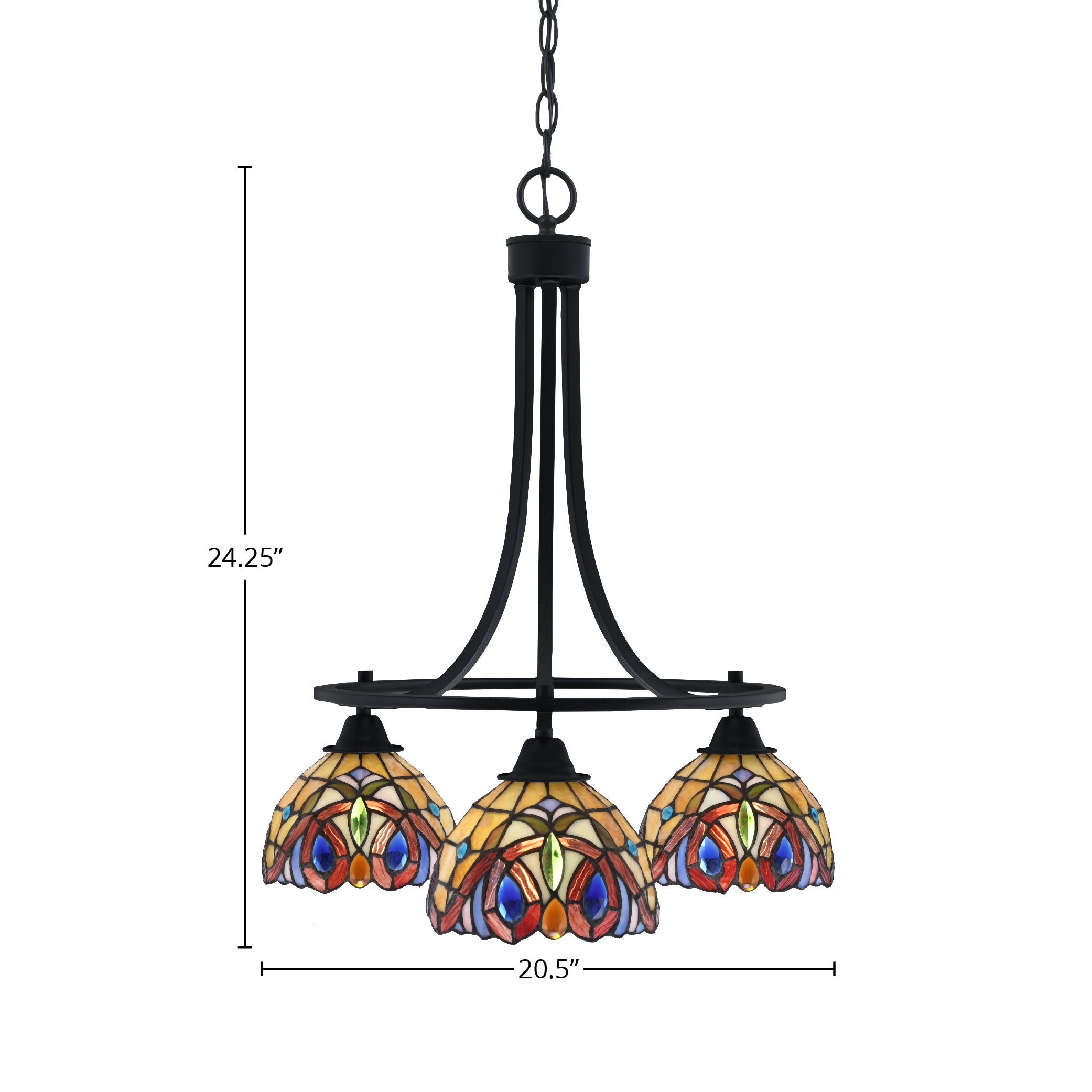Paramount Three Light Chandelier in Matte Black with 7" Lynx Art Glass Shade