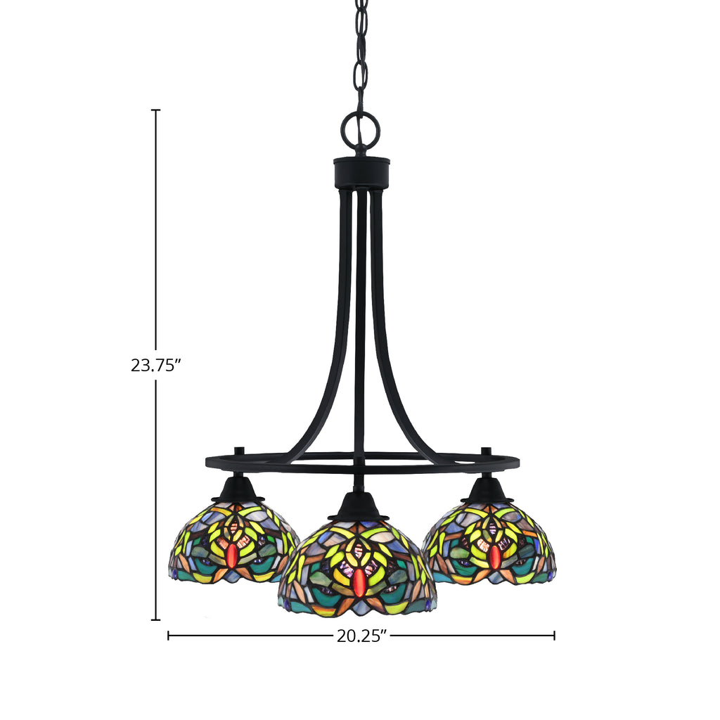 Paramount Three Light Chandelier in Matte Black with 7" Kaleidoscope Art Glass Shade