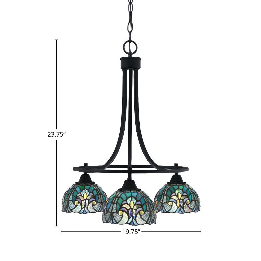 Paramount Three Light Chandelier in Matte Black with 7" Turquoise Cypress Art Glass Shade