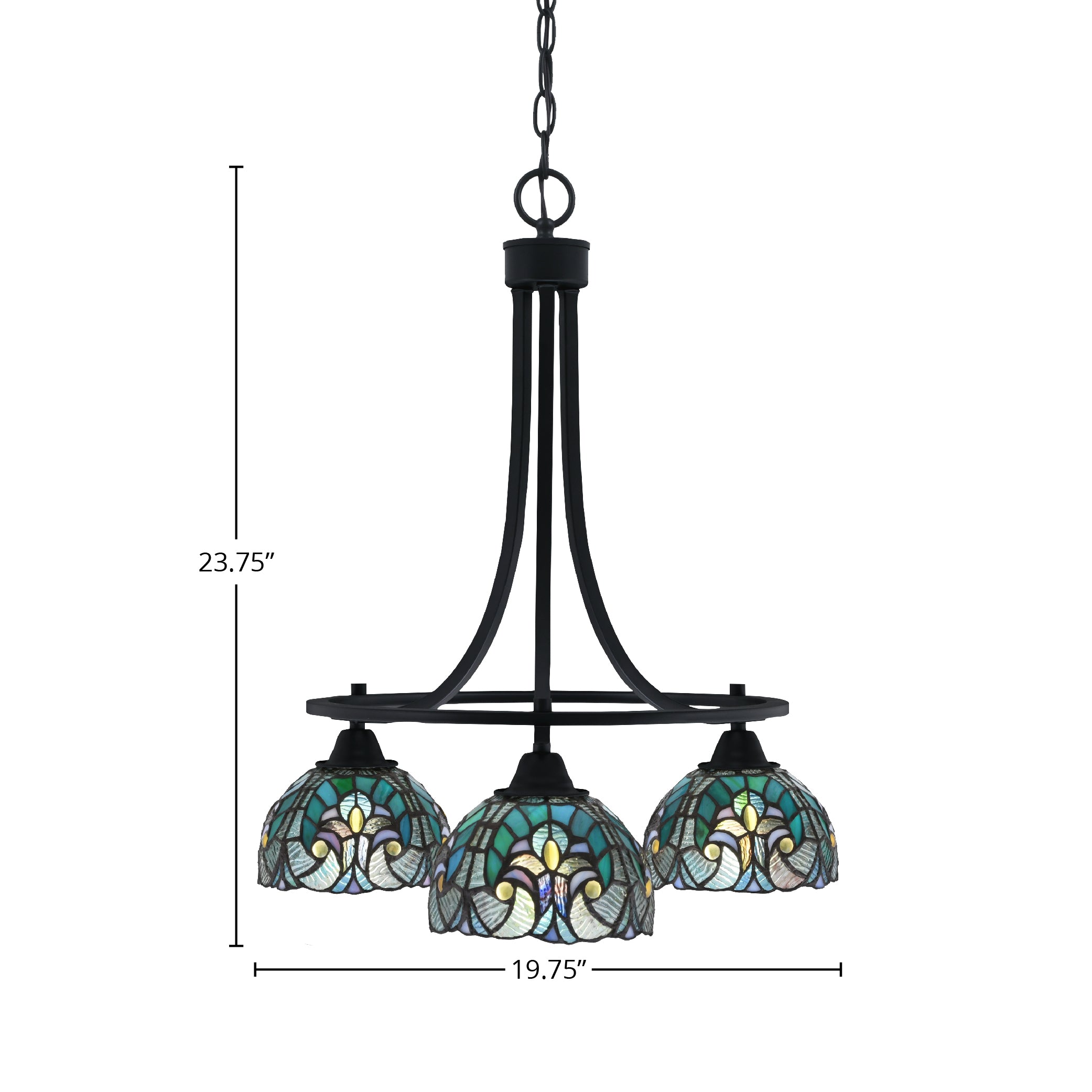 Paramount Three Light Chandelier in Matte Black with 7" Turquoise Cypress Art Glass Shade