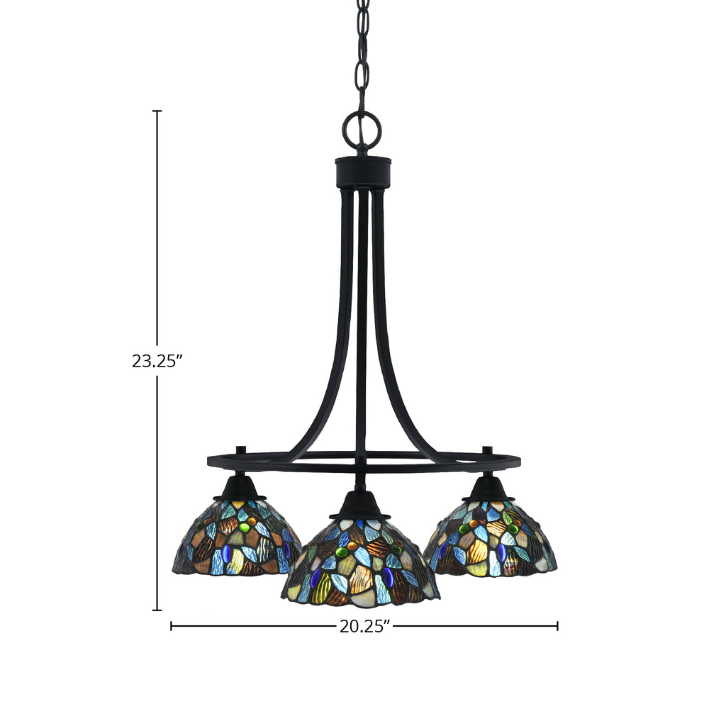 Paramount Three Light Chandelier in Matte Black with 7" Blue Mosaic Art Glass Shade
