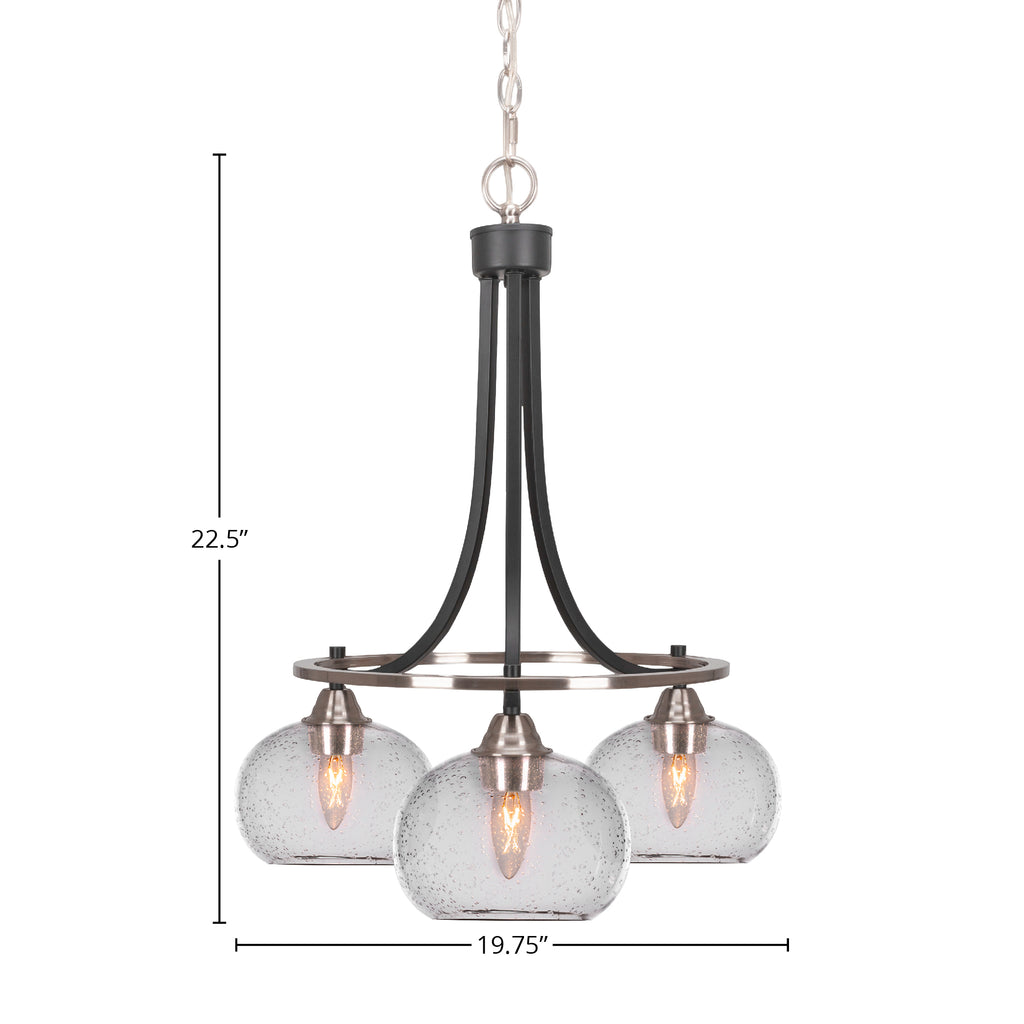 Paramount Three Light Chandelier in Matte Black & Brushed Nickel with 7" Clear Bubble Shade