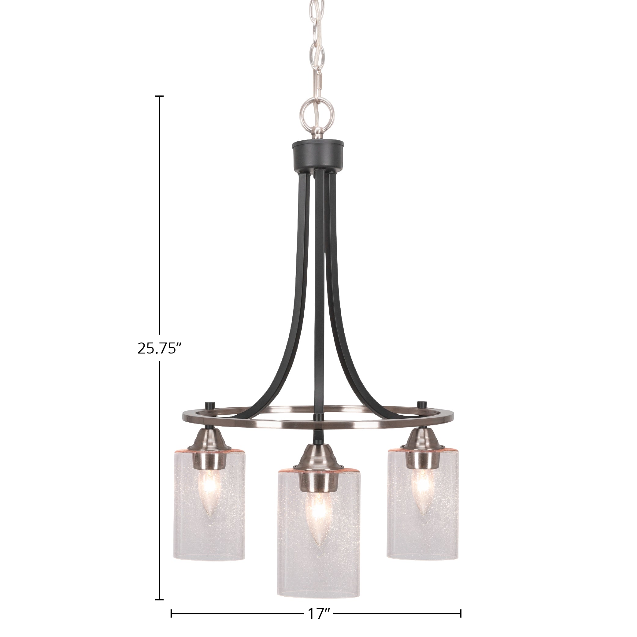 Paramount Three Light Chandelier in Matte Black & Brushed Nickel with 4" Clear Bubble Shade