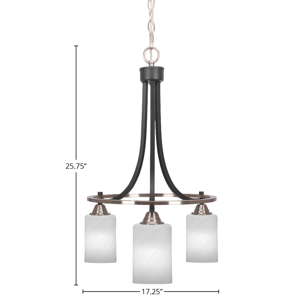 Paramount Three Light Chandelier in Matte Black & Brushed Nickel with 4" White Marble Shade