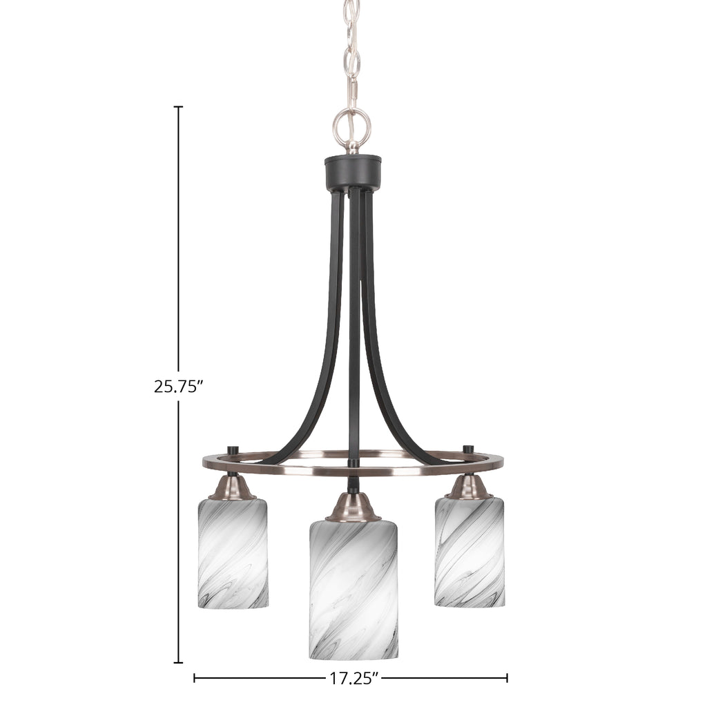 Paramount Three Light Chandelier in Matte Black & Brushed Nickel with 4" Onyx Swirl Shade