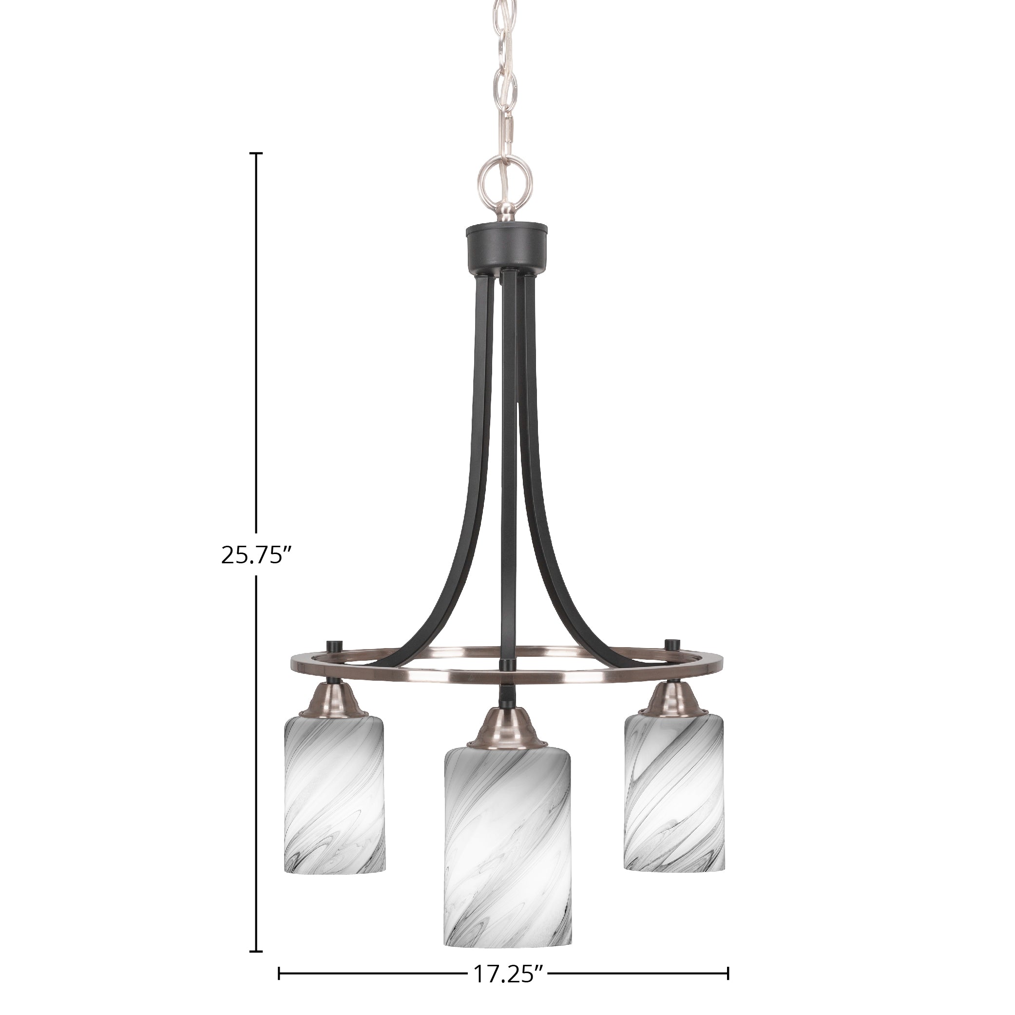 Paramount Three Light Chandelier in Matte Black & Brushed Nickel with 4" Onyx Swirl Shade