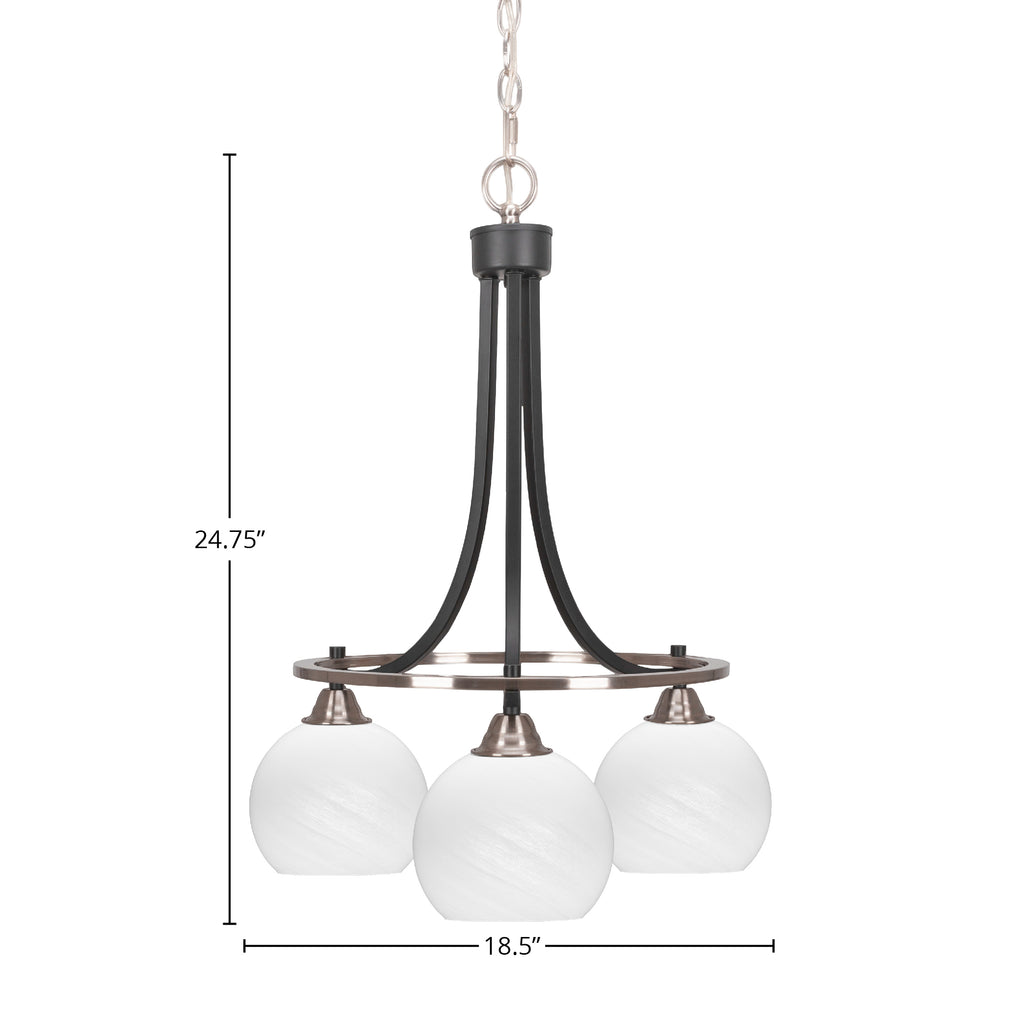 Paramount Three Light Chandelier in Matte Black & Brushed Nickel with 5.75" White Marble Shade