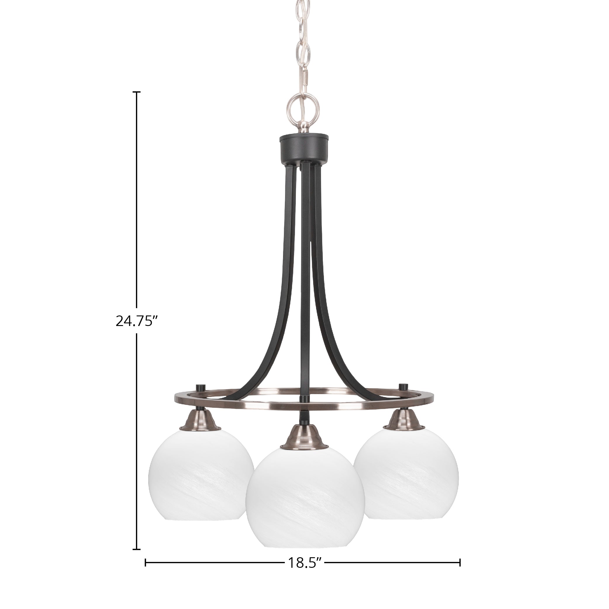 Paramount Three Light Chandelier in Matte Black & Brushed Nickel with 5.75" White Marble Shade