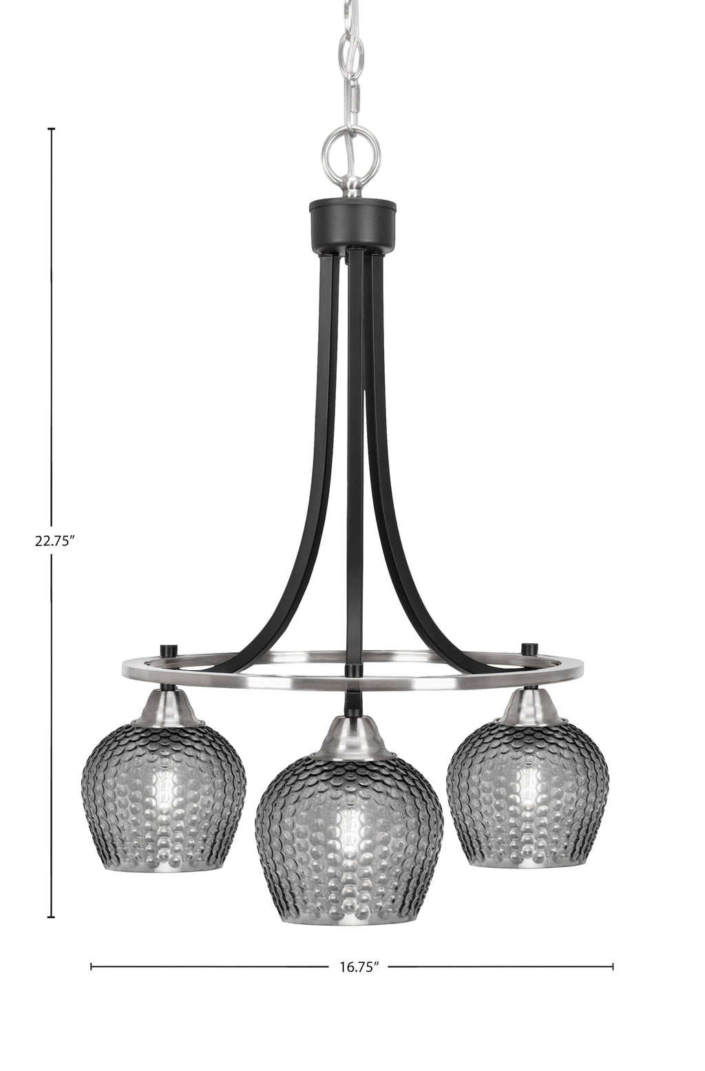 Paramount Three Light Chandelier in Matte Black & Brushed Nickel with Smoke Textured Shade