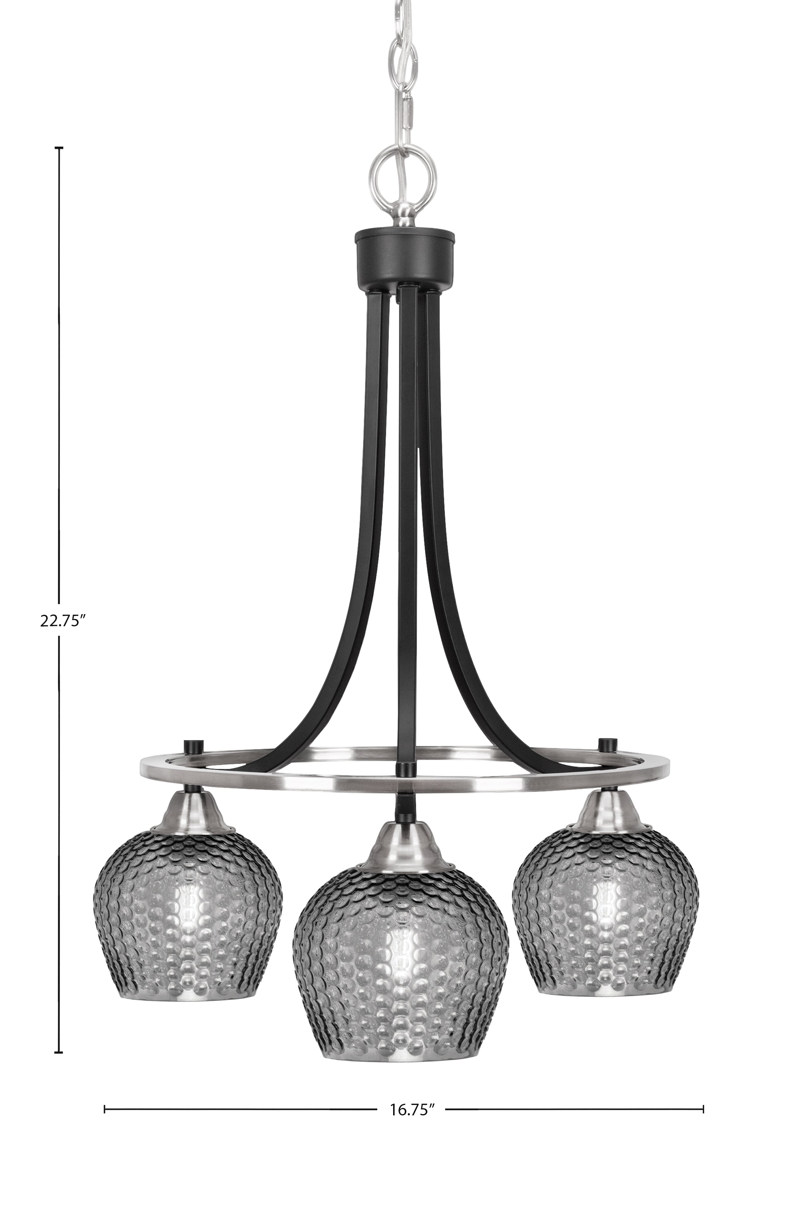 Paramount Three Light Chandelier in Matte Black & Brushed Nickel with Smoke Textured Shade