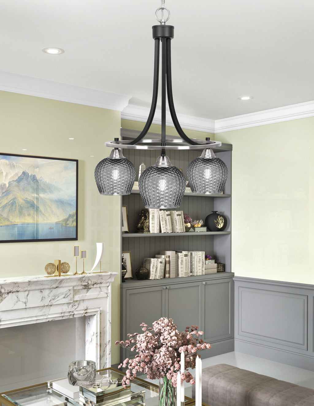 Paramount Three Light Chandelier in Matte Black & Brushed Nickel with Smoke Textured Shade