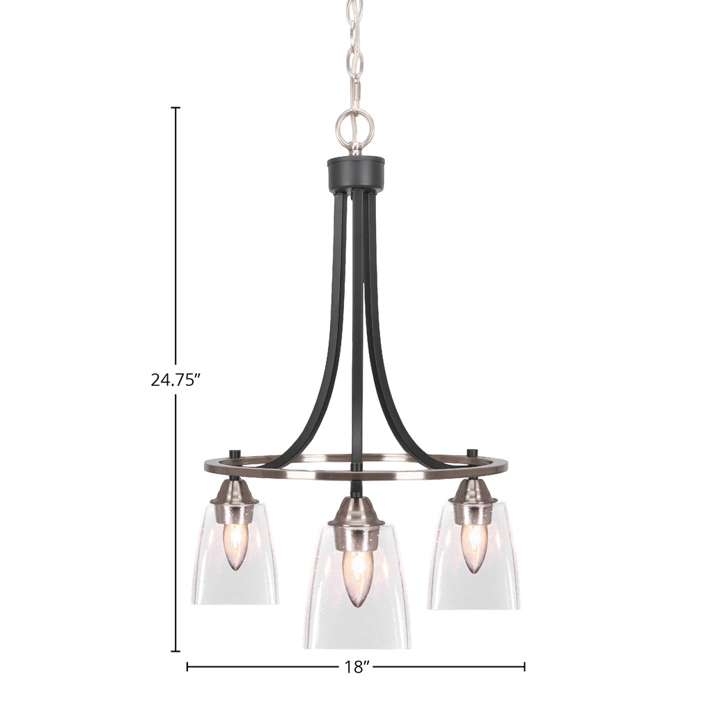 Paramount Three Light Chandelier in Matte Black & Brushed Nickel with 4.5" Square Clear Bubble Shade