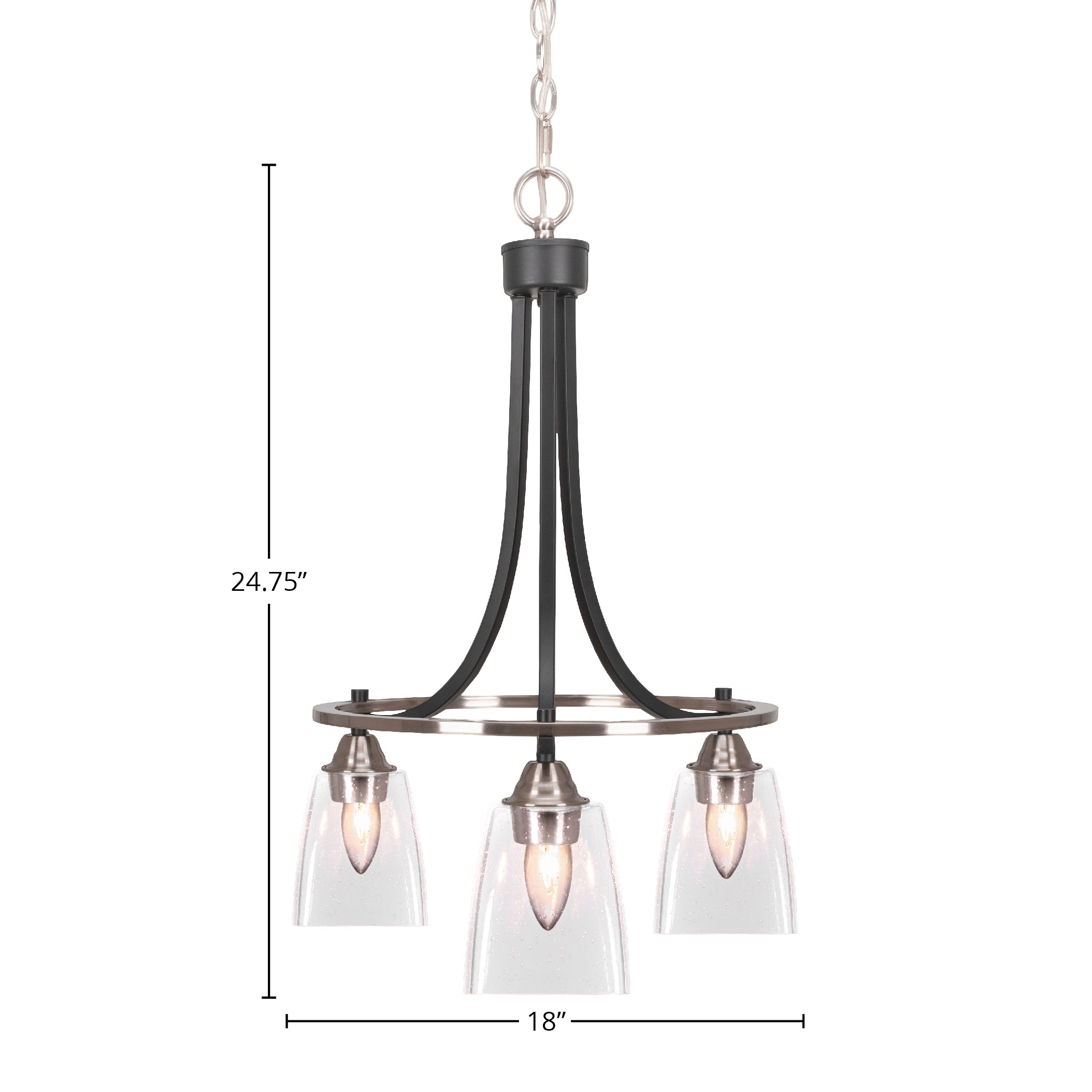 Paramount Three Light Chandelier in Matte Black & Brushed Nickel with 4.5" Square Clear Bubble Shade