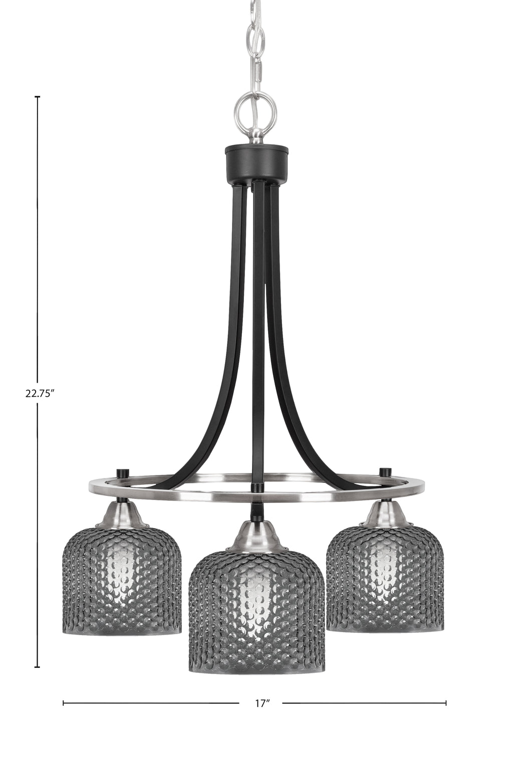Paramount Three Light Chandelier in Matte Black & Brushed Nickel with Smoke Textured Shade