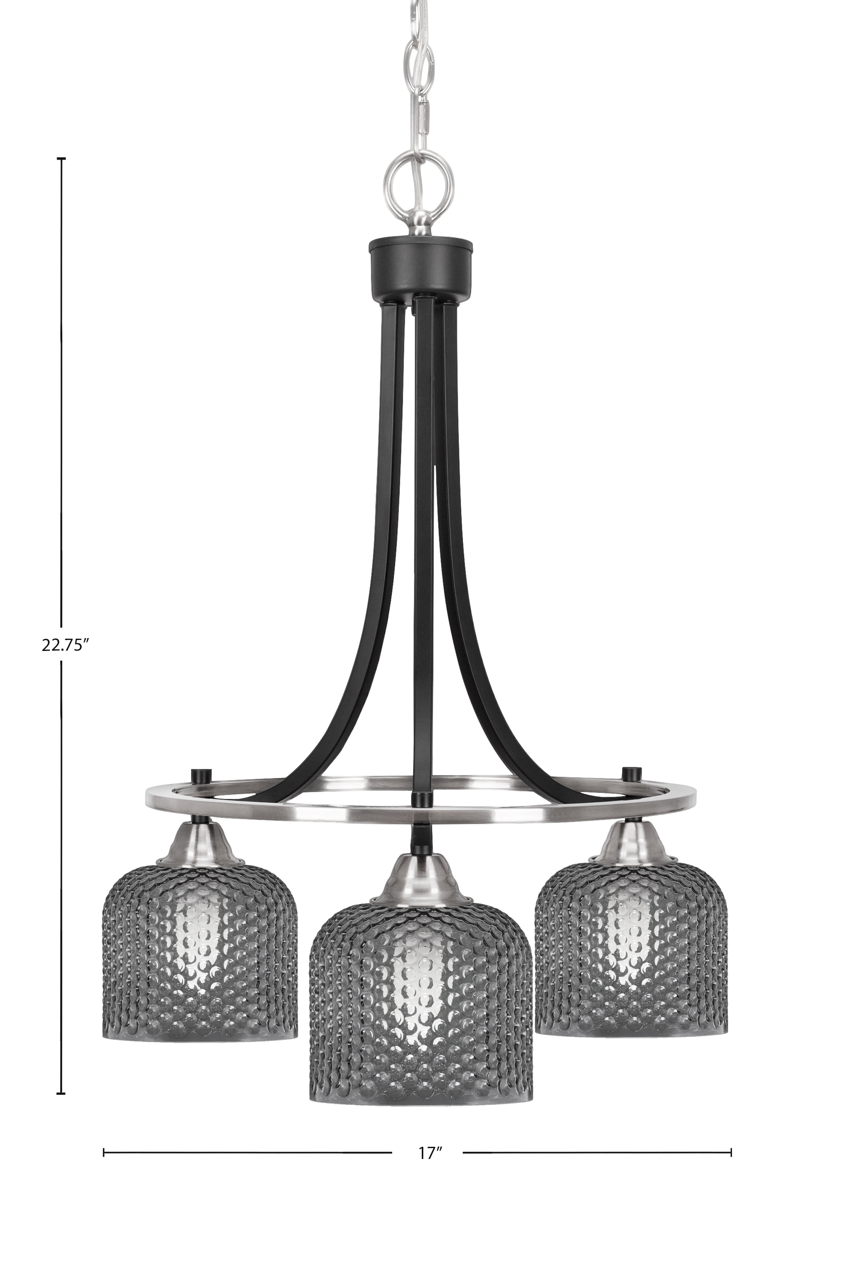 Paramount Three Light Chandelier in Matte Black & Brushed Nickel with Smoke Textured Shade